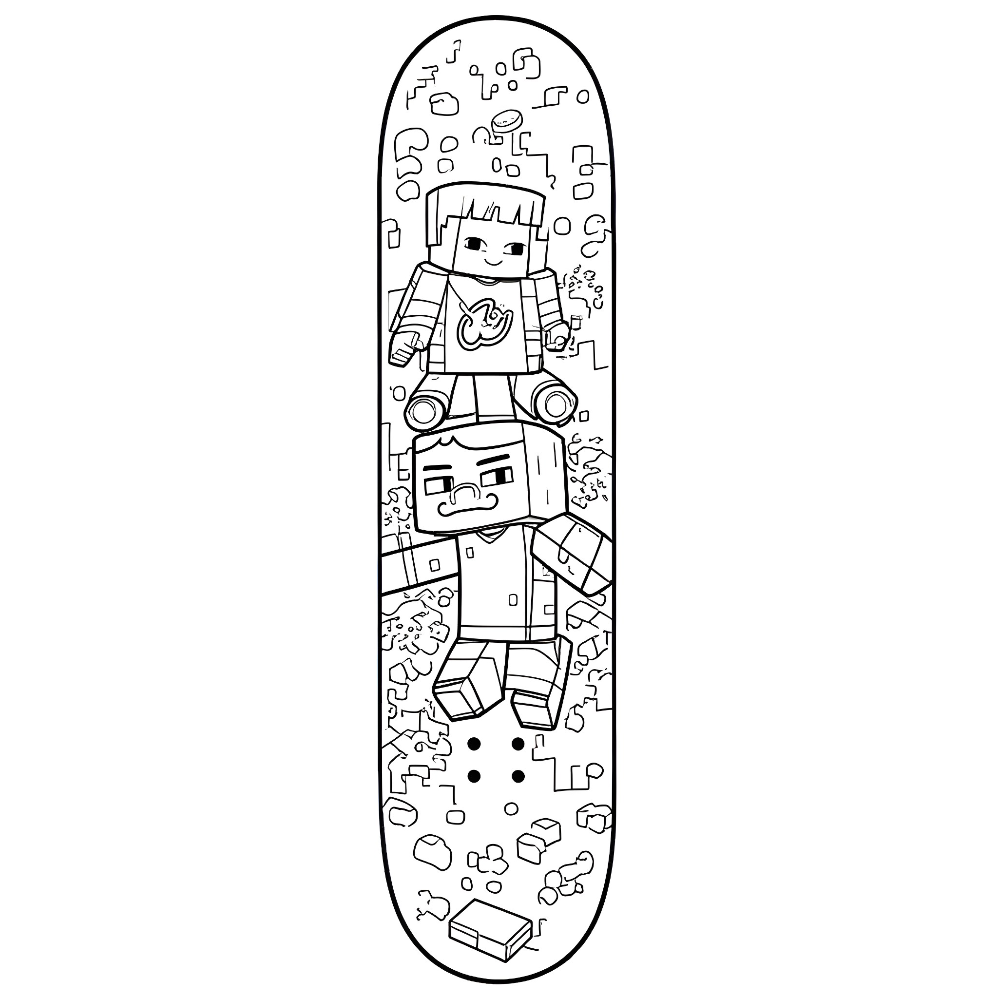 Skateboard with doodle-style robot figure Coloring Page (free black-and-white line drawing printable PDF for all, from beginners to advanced learners, including children, teens, adults, and seniors)