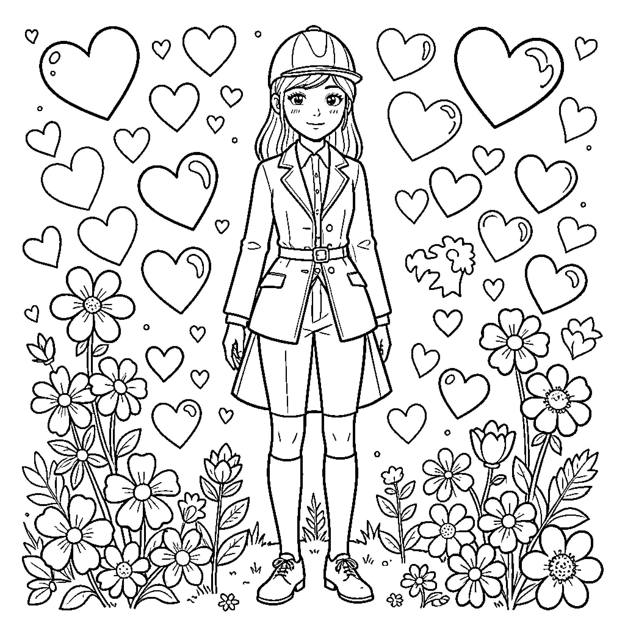 Girl in Protective Gear Surrounded by Flowers and Hearts Coloring Page (free black-and-white line drawing printable PDF for all, from beginners to advanced learners, including children, teens, adults, and seniors)