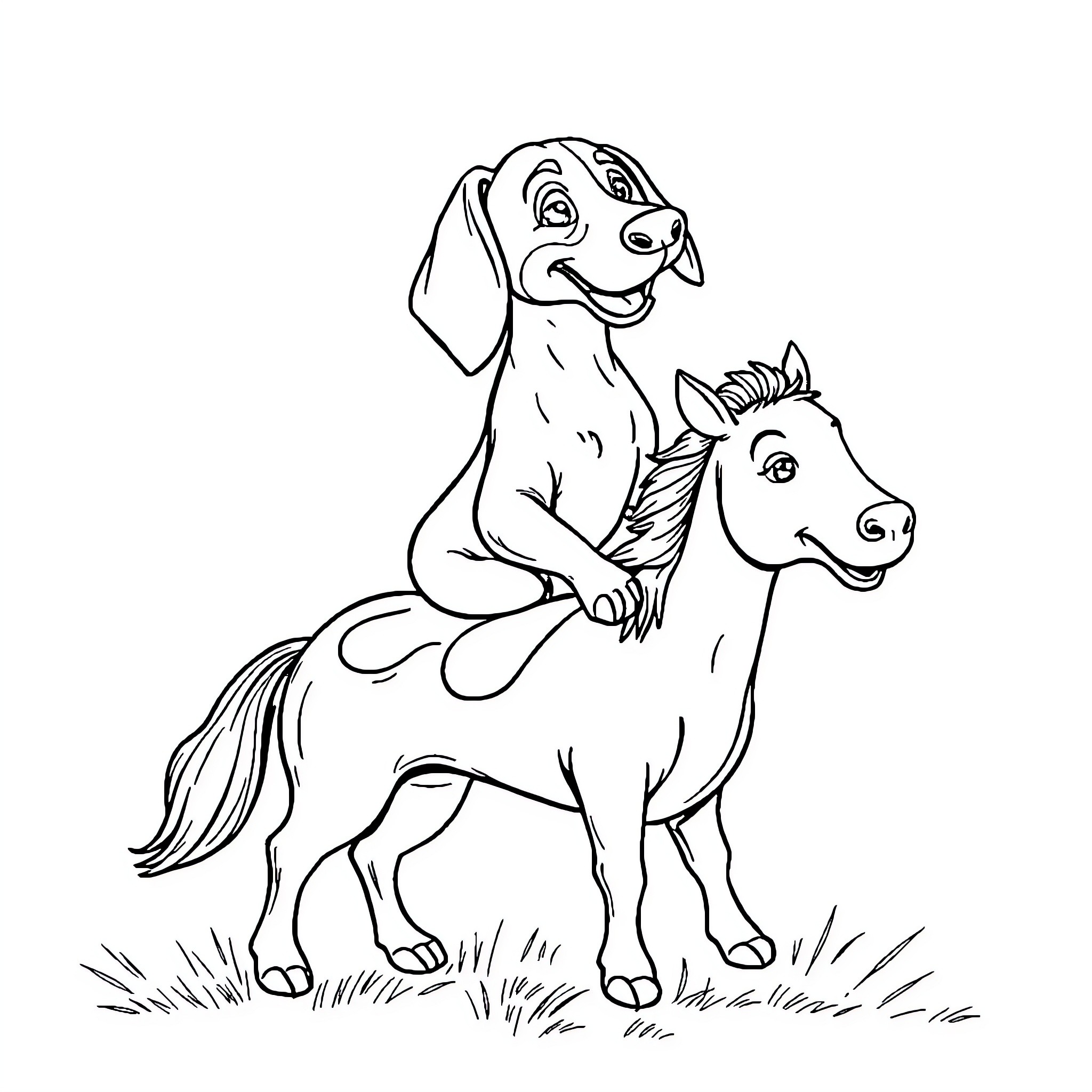 Dachshund riding a happy horse in the meadow Coloring Page (free black-and-white line drawing printable PDF for all, from beginners to advanced learners, including children, teens, adults, and seniors)