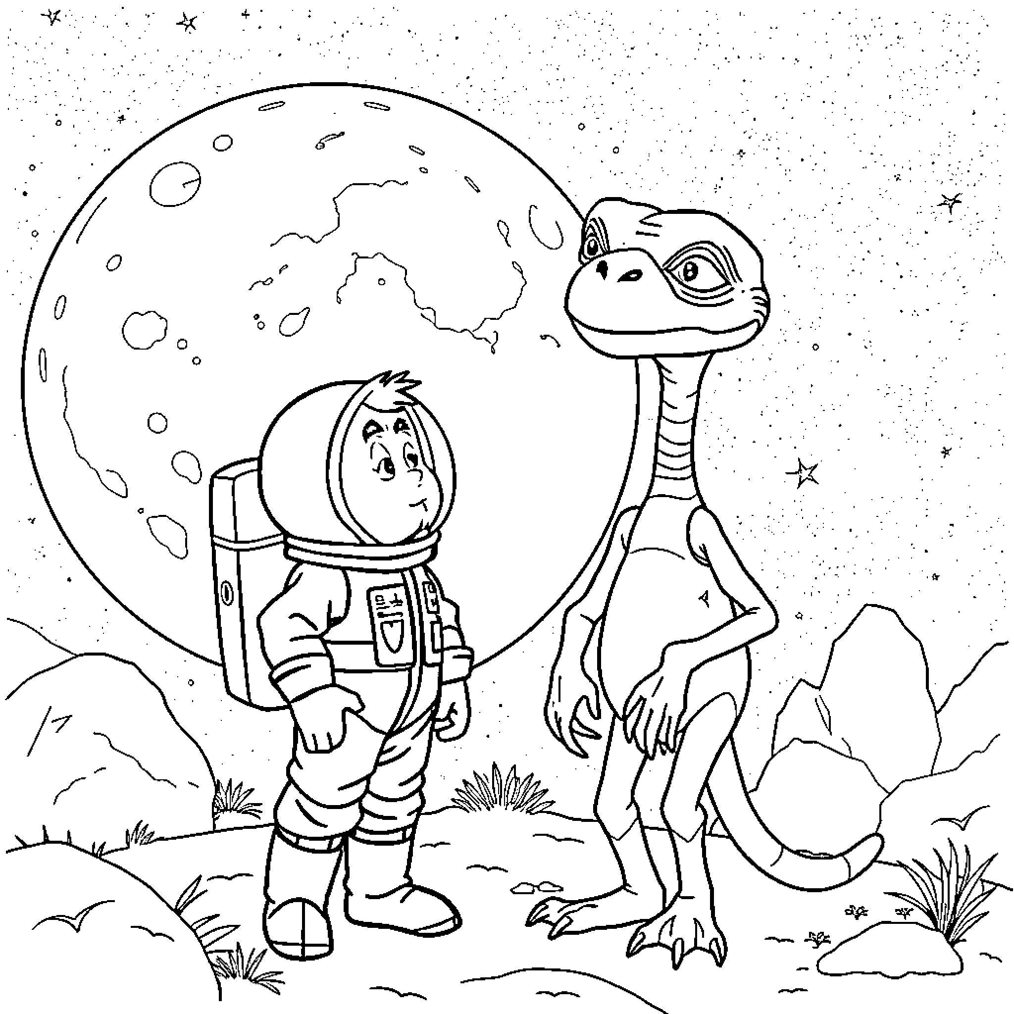 Tintin astronaut and dinosaur standing on the moon Coloring Page (free black-and-white line drawing printable PDF for all, from beginners to advanced learners, including children, teens, adults, and seniors)