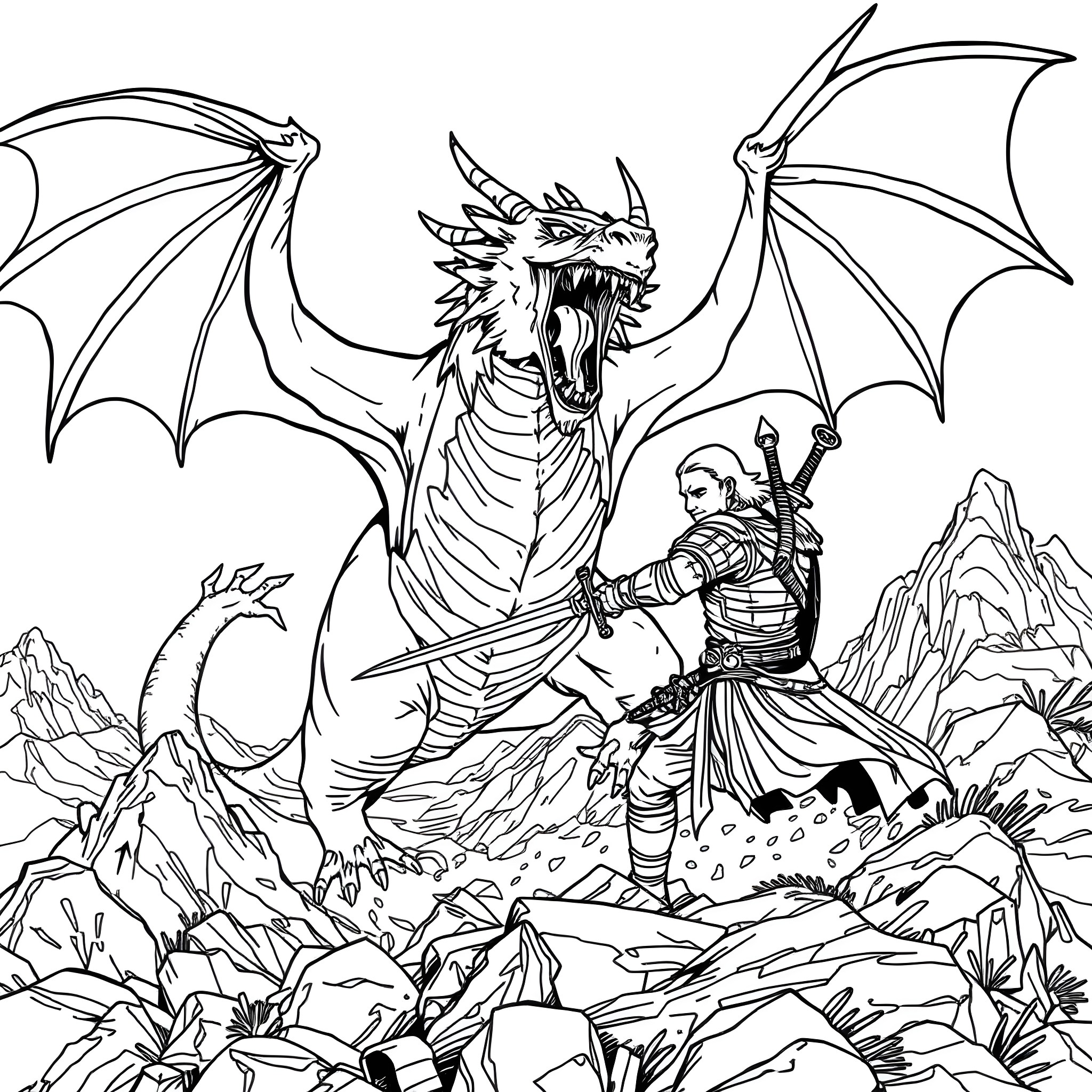 Dragon Warrior Confronting a Fierce Dragon Coloring Page (free black-and-white line drawing printable PDF for all, from beginners to advanced learners, including children, teens, adults, and seniors)