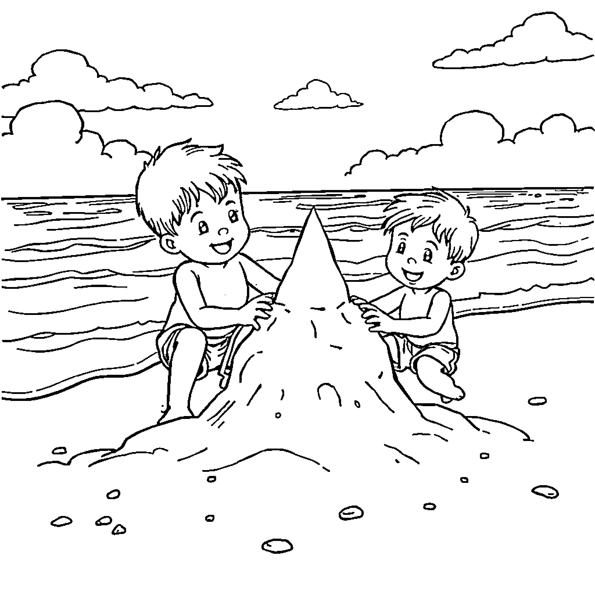 Boys building sandcastle on the beach Coloring Page (free black-and-white line drawing printable PDF for all, from beginners to advanced learners, including children, teens, adults, and seniors)