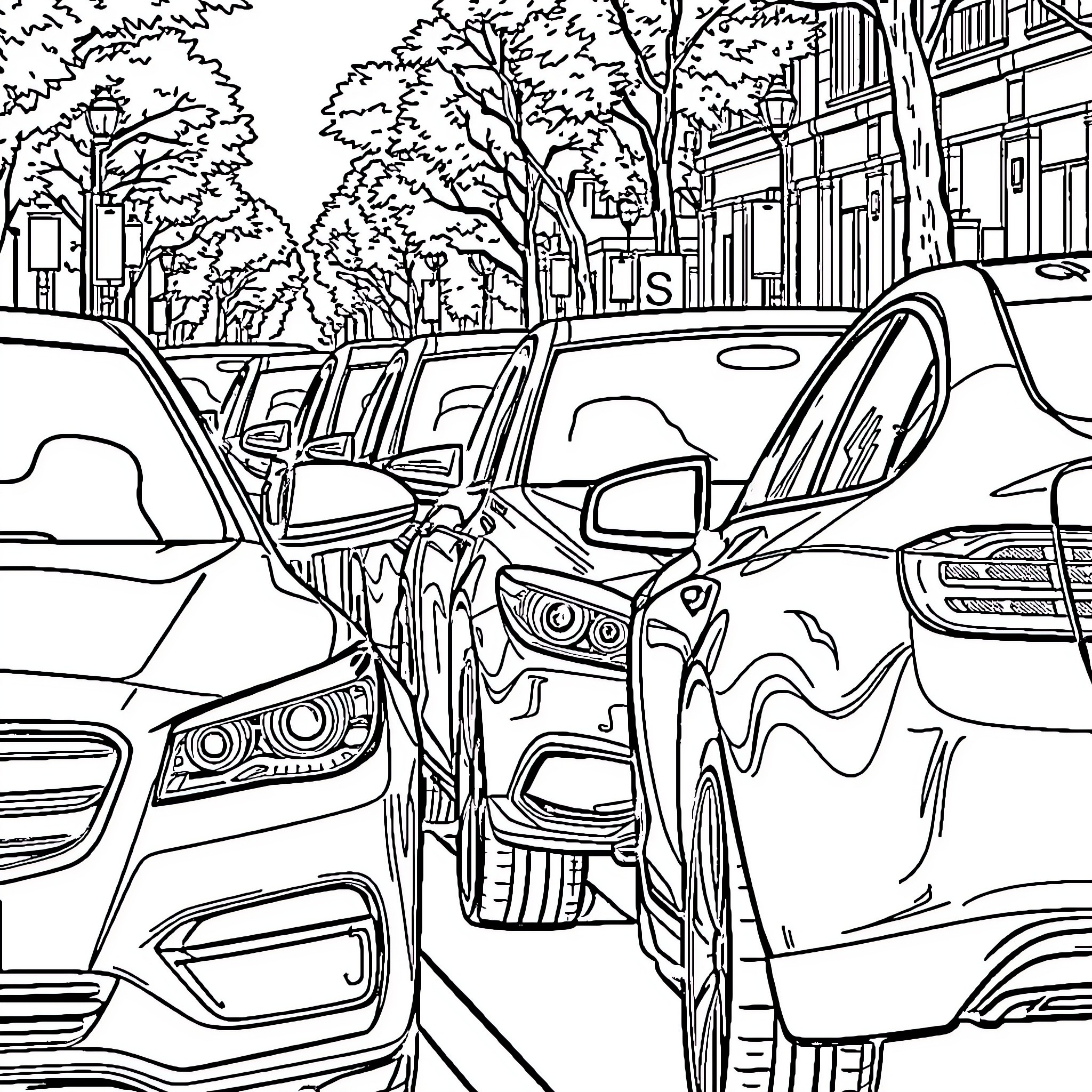 Car Parking in Busy City Street Coloring Page (free black-and-white line drawing printable PDF for all, from beginners to advanced learners, including children, teens, adults, and seniors)