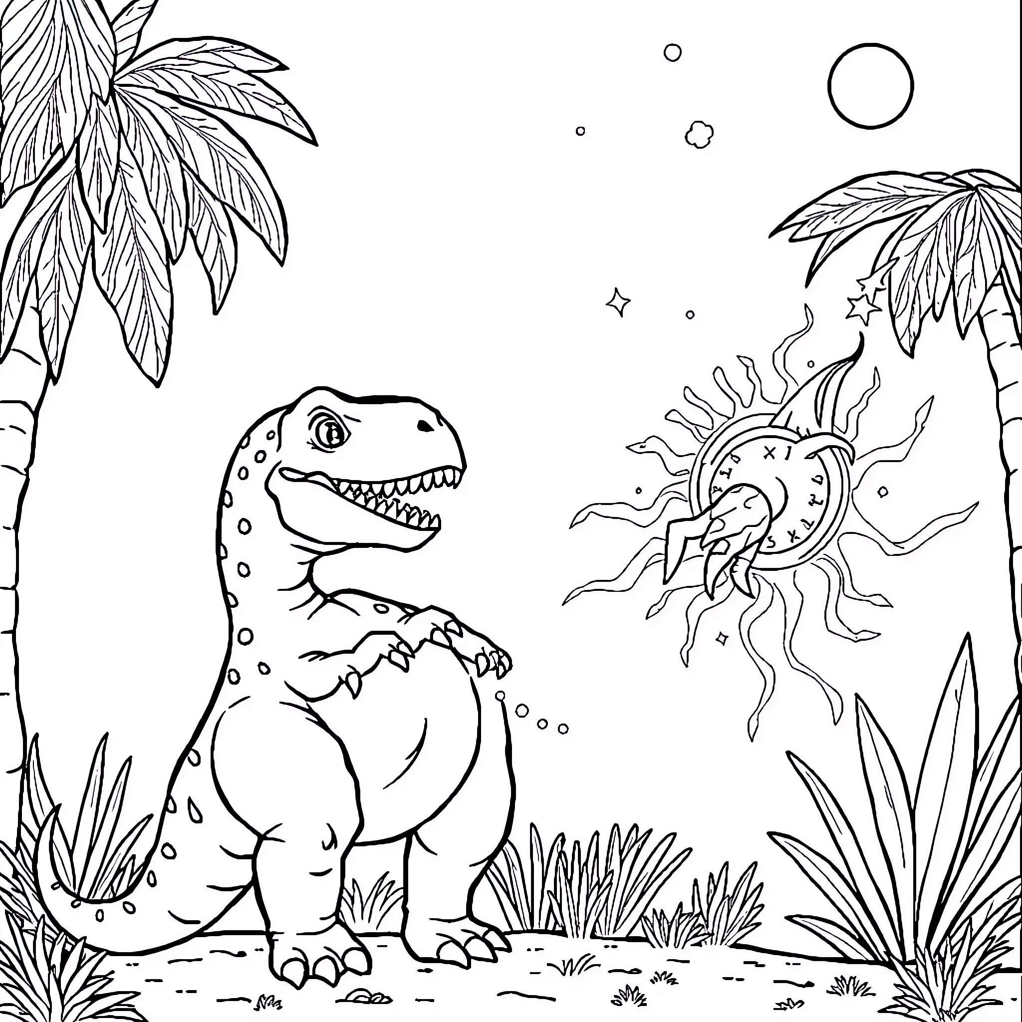 Dinosaur exploring tropical landscape with sun Coloring Page (free black-and-white line drawing printable PDF for all, from beginners to advanced learners, including children, teens, adults, and seniors)