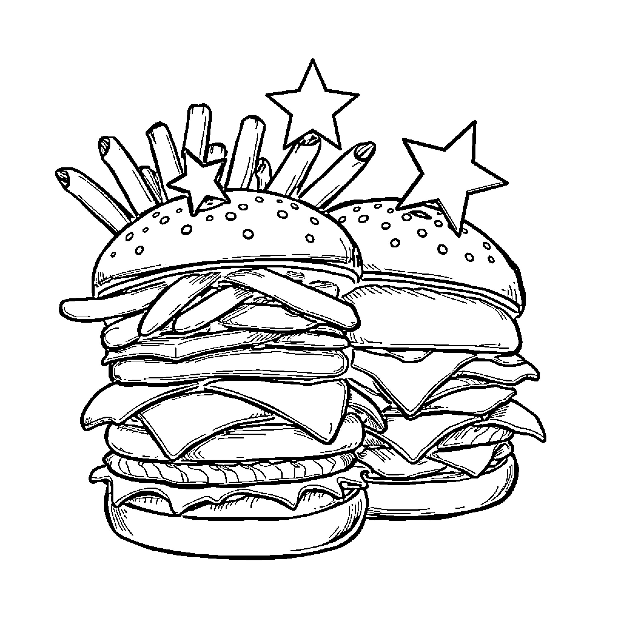 Hamburger featuring whimsical star decor Coloring Page (free black-and-white line drawing printable PDF for all, from beginners to advanced learners, including children, teens, adults, and seniors)