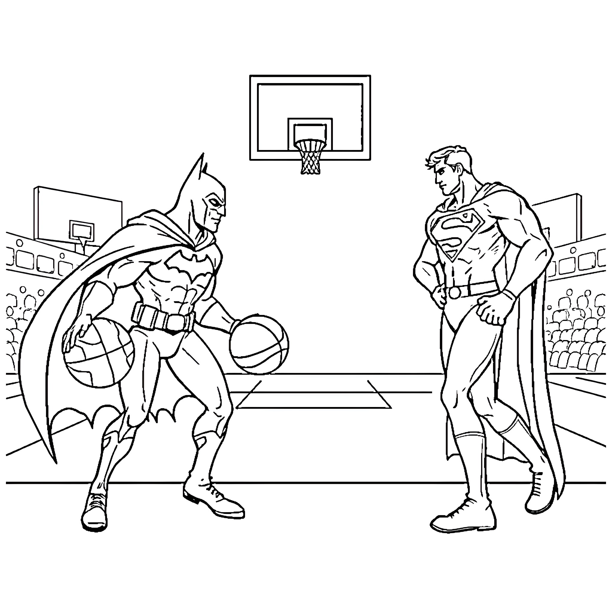 Batman and Superman playing basketball Coloring Page (free black-and-white line drawing printable PDF for all, from beginners to advanced learners, including children, teens, adults, and seniors)