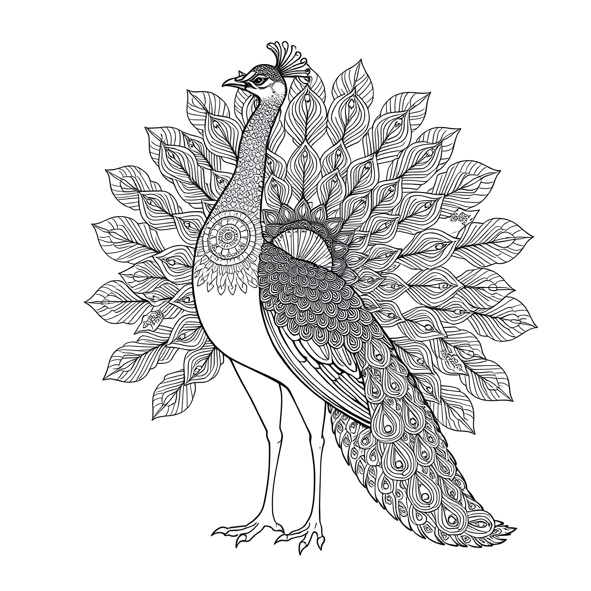 Peacock in Decorative Foliage Coloring Page (free black-and-white line drawing printable PDF for all, from beginners to advanced learners, including children, teens, adults, and seniors)