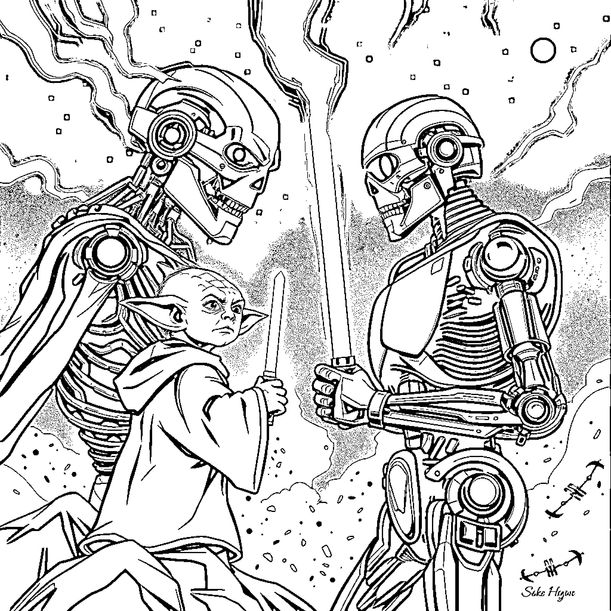 Yoda confronting robotic warriors in a mystical setting Coloring Page (free black-and-white line drawing printable PDF for all, from beginners to advanced learners, including children, teens, adults, and seniors)