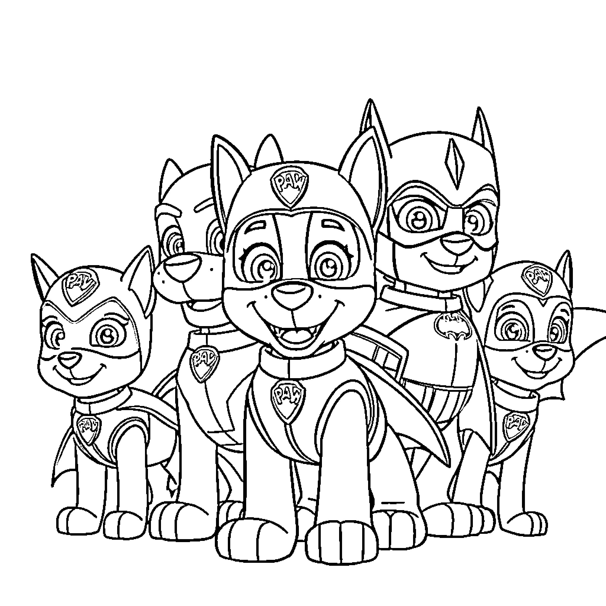 Paw Patrol Team Smiling Together Coloring Page (free black-and-white line drawing printable PDF for all, from beginners to advanced learners, including children, teens, adults, and seniors)