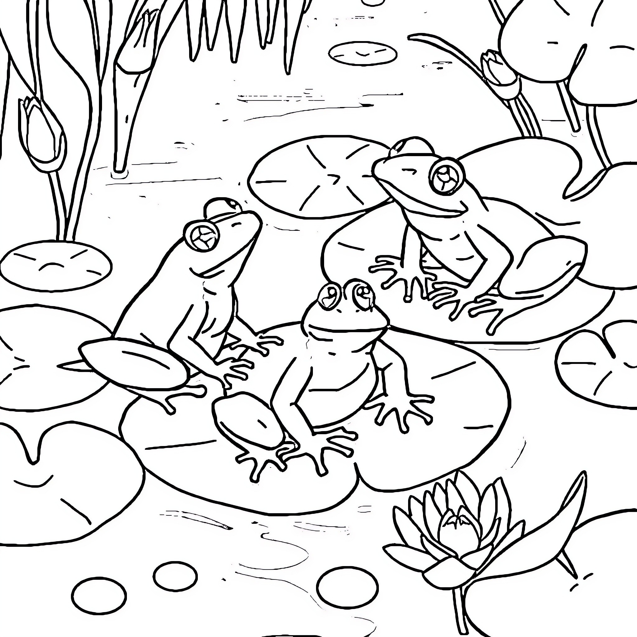 Frogs sitting and hopping on lily pads Coloring Page (free black-and-white line drawing printable PDF for all, from beginners to advanced learners, including children, teens, adults, and seniors)