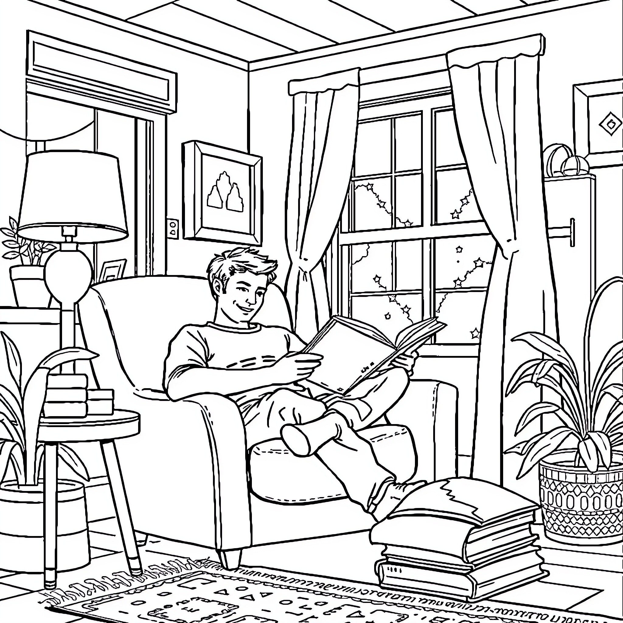Man relaxing and reading in cozy home Coloring Page (free black-and-white line drawing printable PDF for all, from beginners to advanced learners, including children, teens, adults, and seniors)