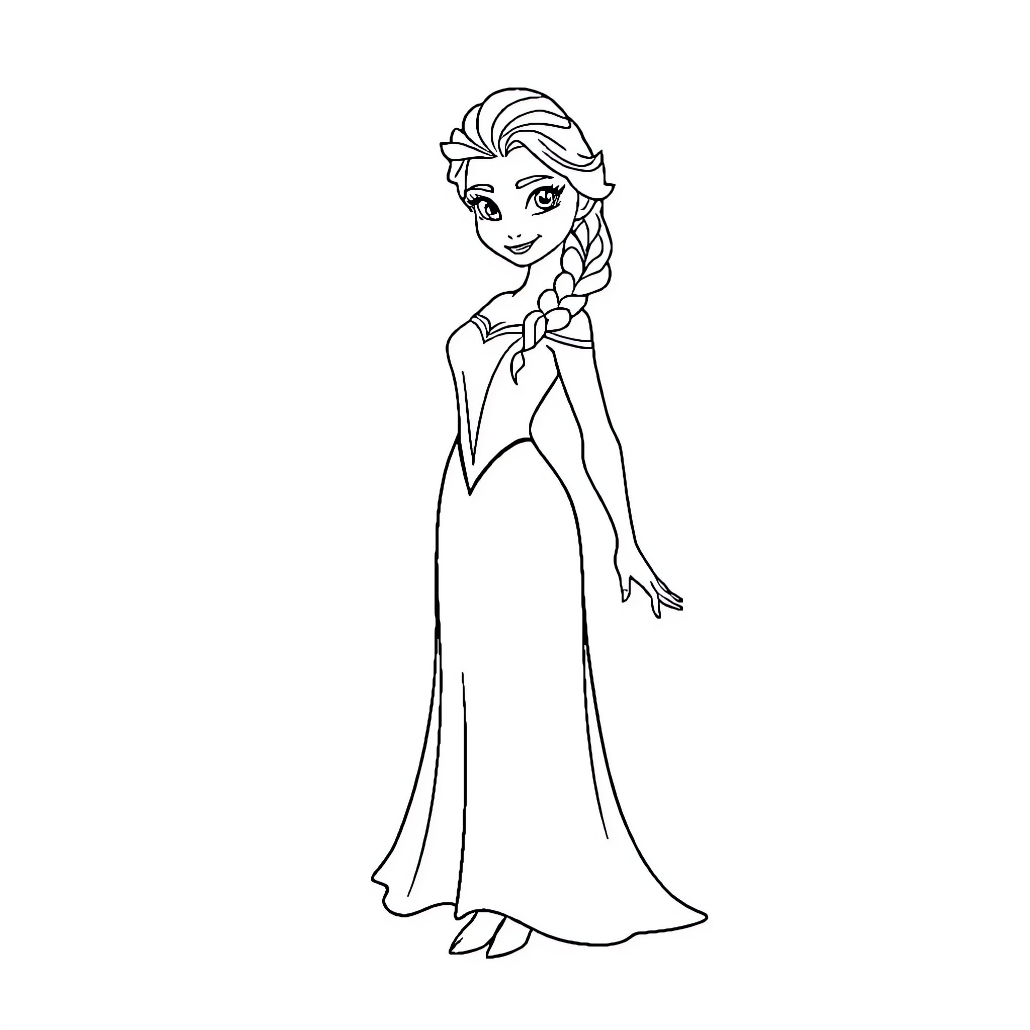 Elsa in a Flowing Gown with Braided Hair Coloring Page (free black-and-white line drawing printable PDF for all, from beginners to advanced learners, including children, teens, adults, and seniors)