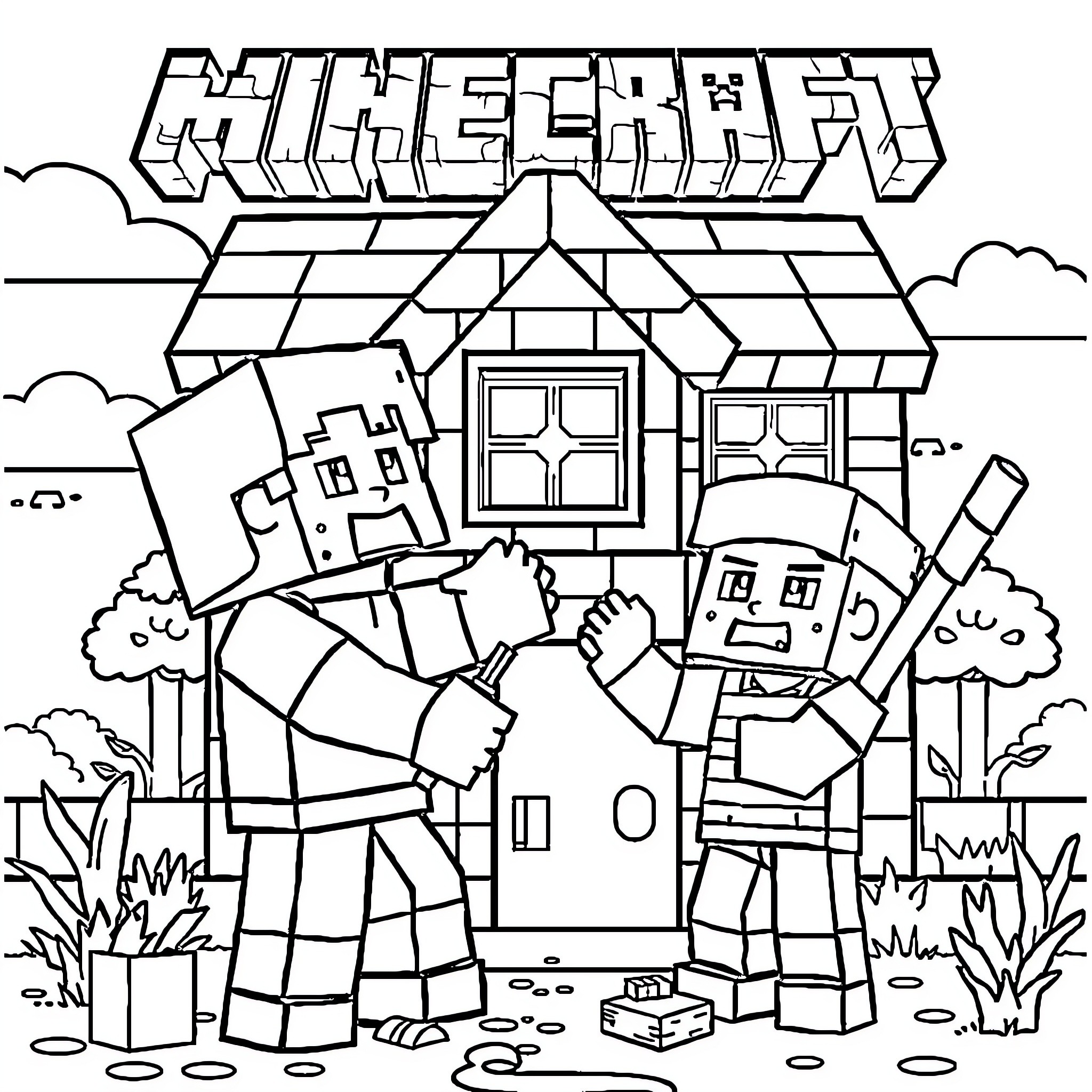 Milo's Minecraft Adventure Coloring Page (free black-and-white line drawing printable PDF for all, from beginners to advanced learners, including children, teens, adults, and seniors)