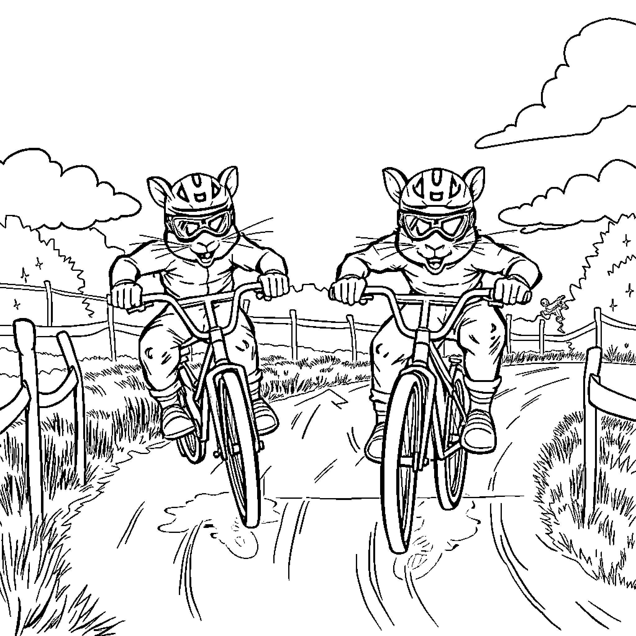 Raccoon duo riding bicycles through the countryside Coloring Page (free black-and-white line drawing printable PDF for all, from beginners to advanced learners, including children, teens, adults, and seniors)