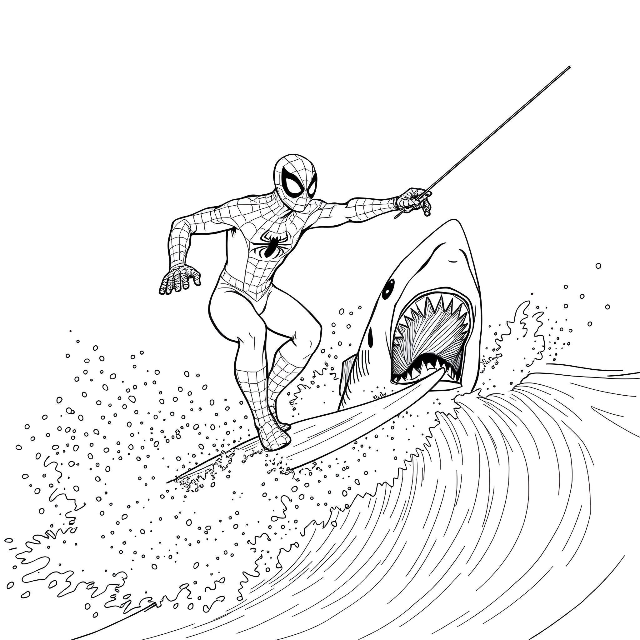Spiderman surfing on a giant wave with a shark Coloring Page (free black-and-white line drawing printable PDF for all, from beginners to advanced learners, including children, teens, adults, and seniors)