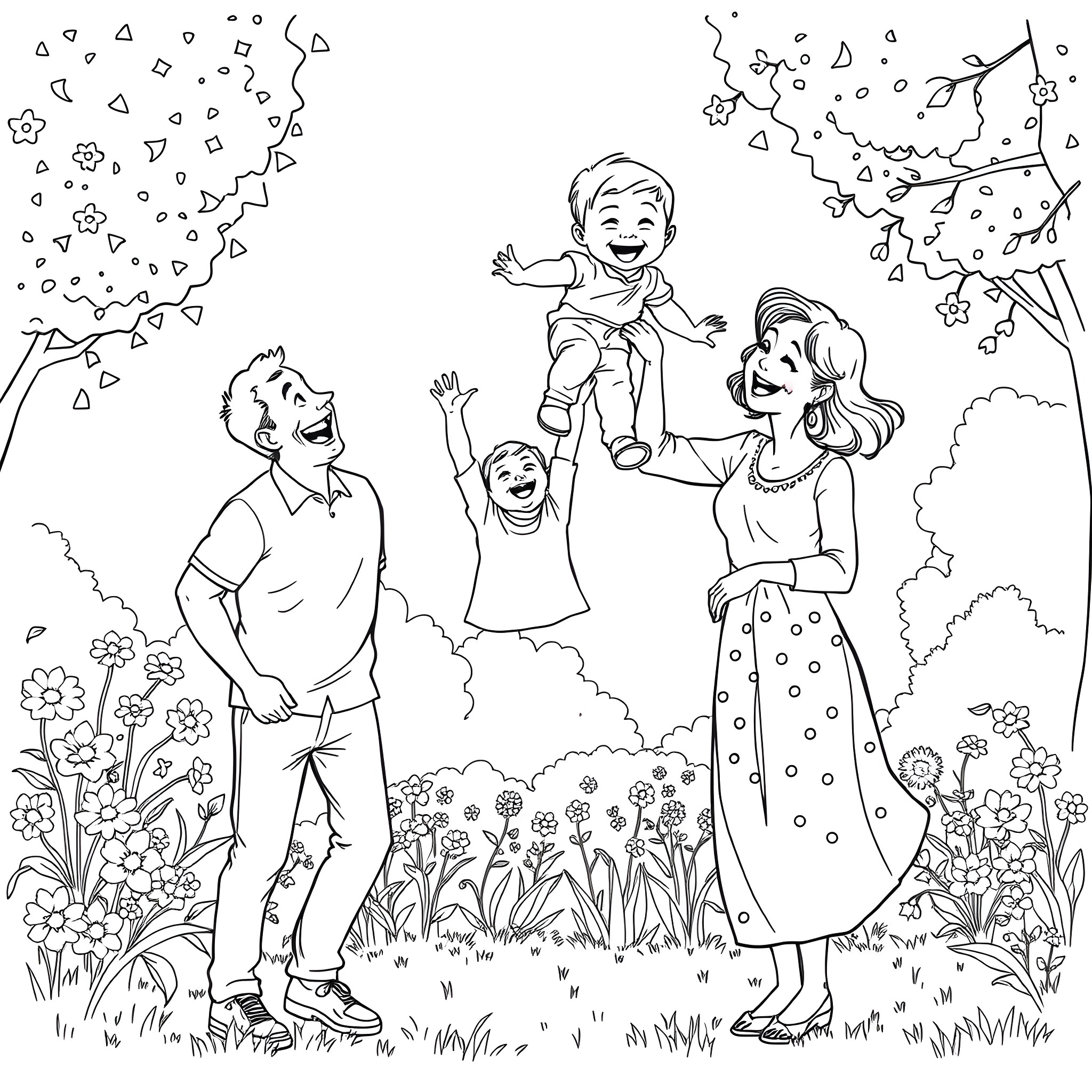 Family Enjoying a Joyful Outdoor Gathering Coloring Page (free black-and-white line drawing printable PDF for all, from beginners to advanced learners, including children, teens, adults, and seniors)