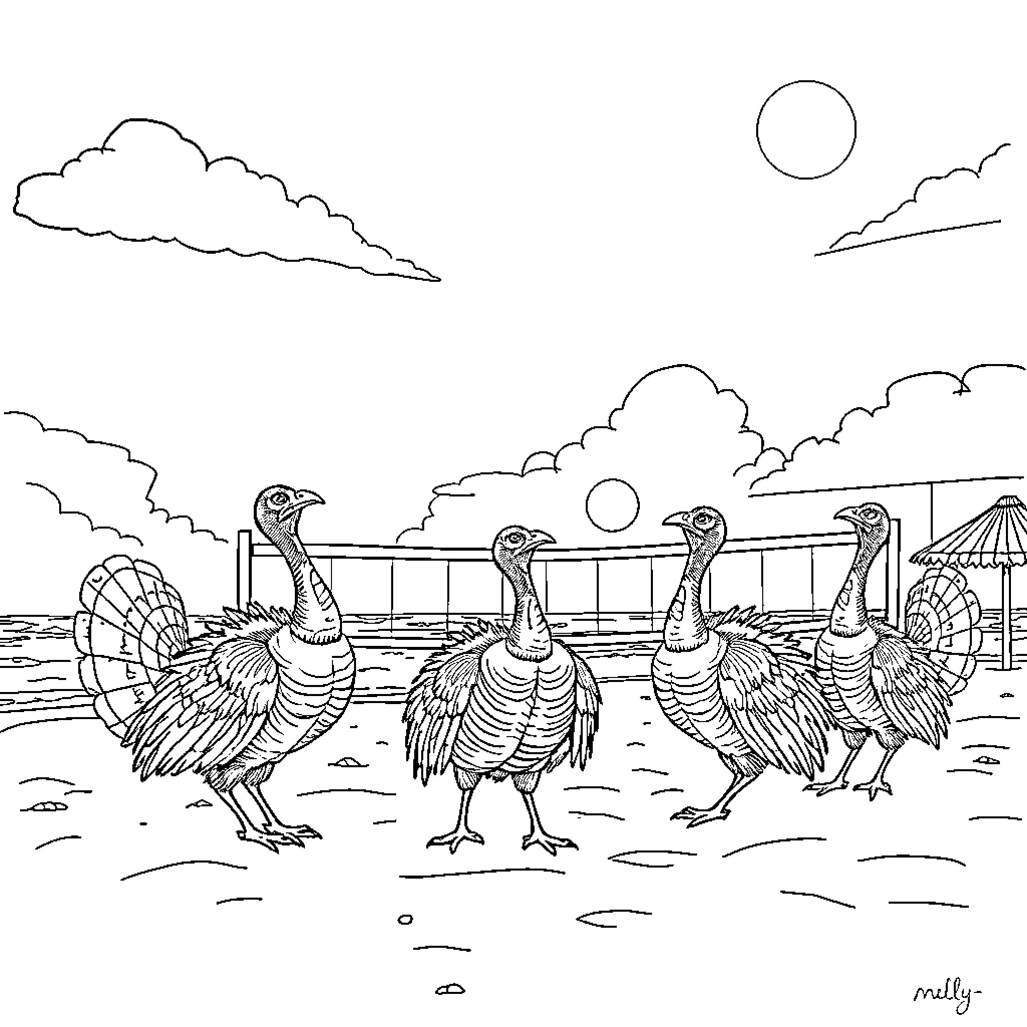 Turkey birds parading in a scenic landscape Coloring Page (free black-and-white line drawing printable PDF for all, from beginners to advanced learners, including children, teens, adults, and seniors)