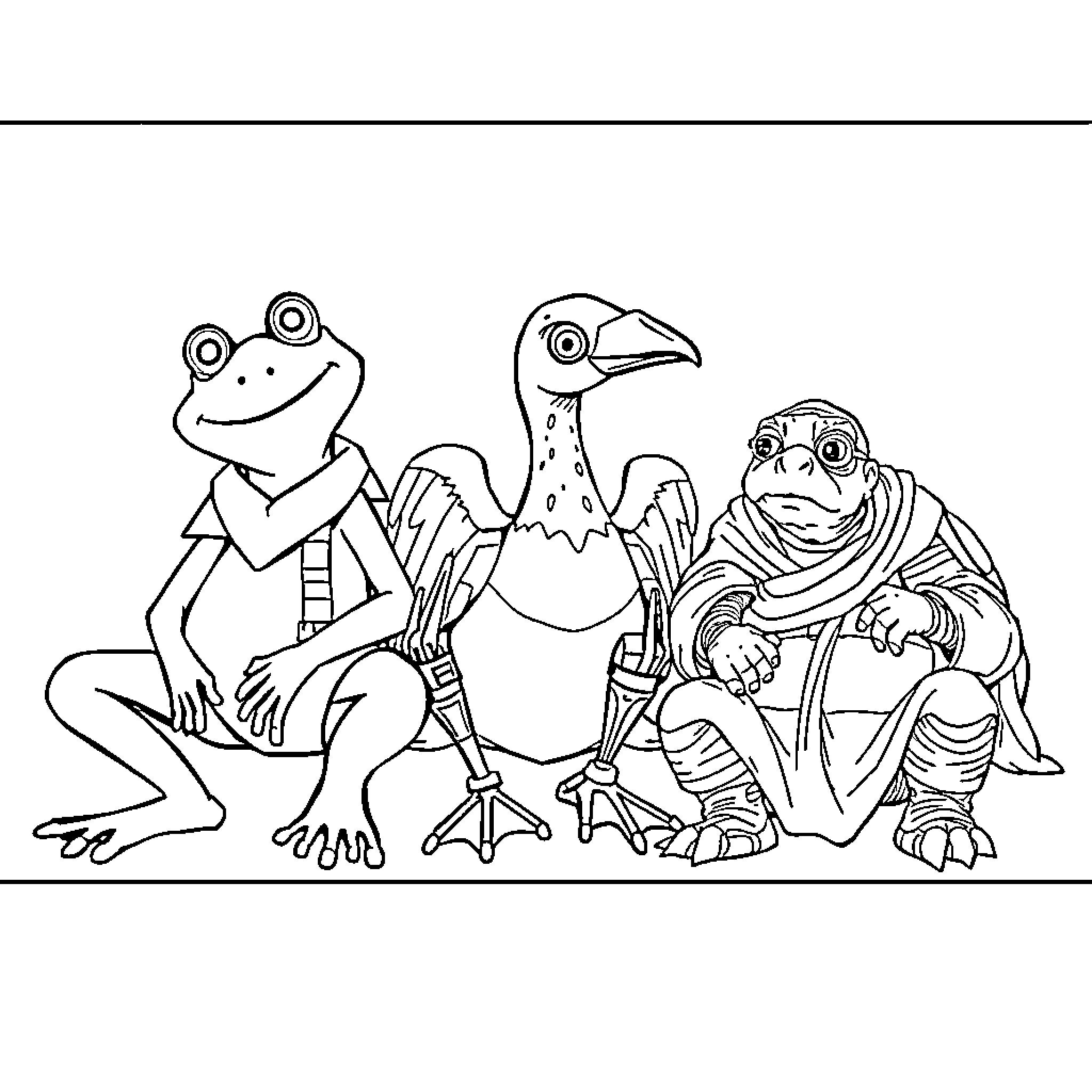 Frog Friends Posing with Silly Bird Companion Coloring Page (free black-and-white line drawing printable PDF for all, from beginners to advanced learners, including children, teens, adults, and seniors)