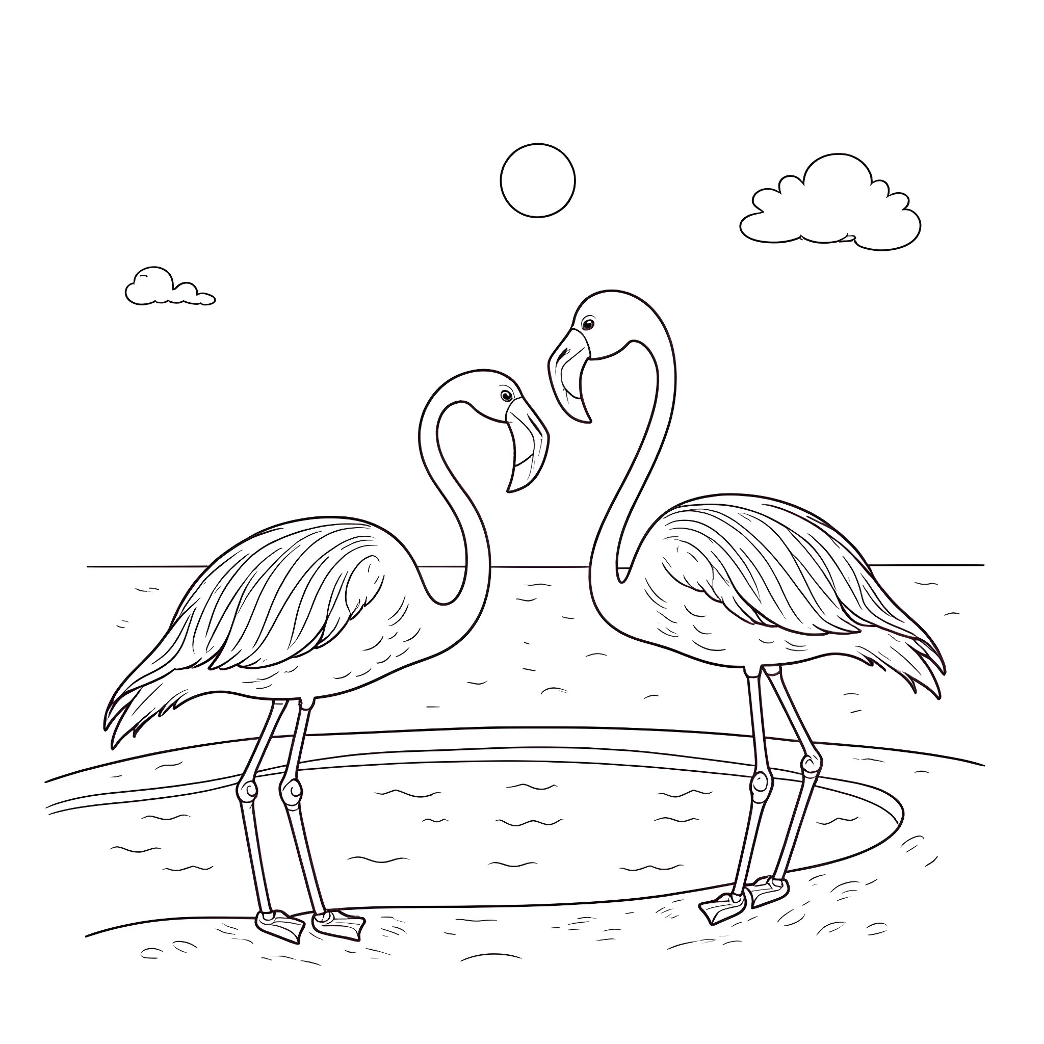Flamingos standing gracefully in the wild Coloring Page (free black-and-white line drawing printable PDF for all, from beginners to advanced learners, including children, teens, adults, and seniors)