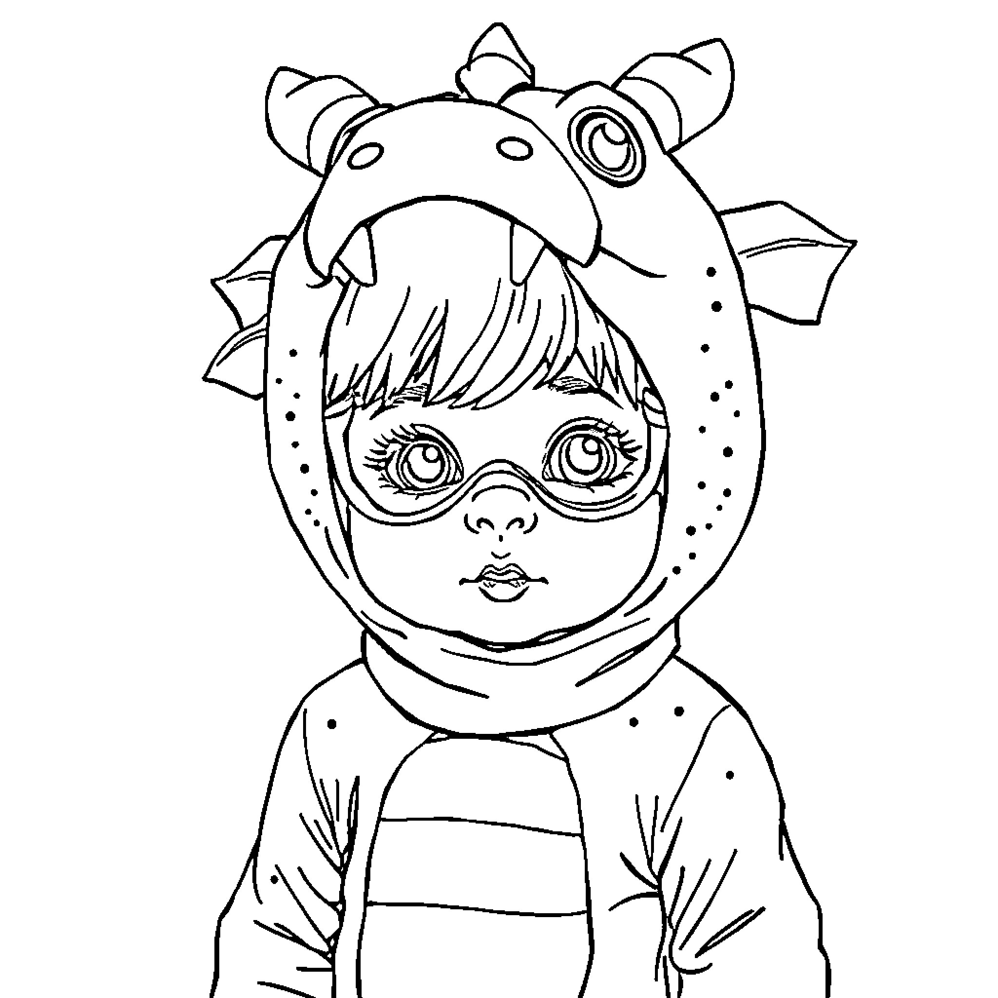 Dragon Costume Girl Playing Happily Coloring Page (free black-and-white line drawing printable PDF for all, from beginners to advanced learners, including children, teens, adults, and seniors)