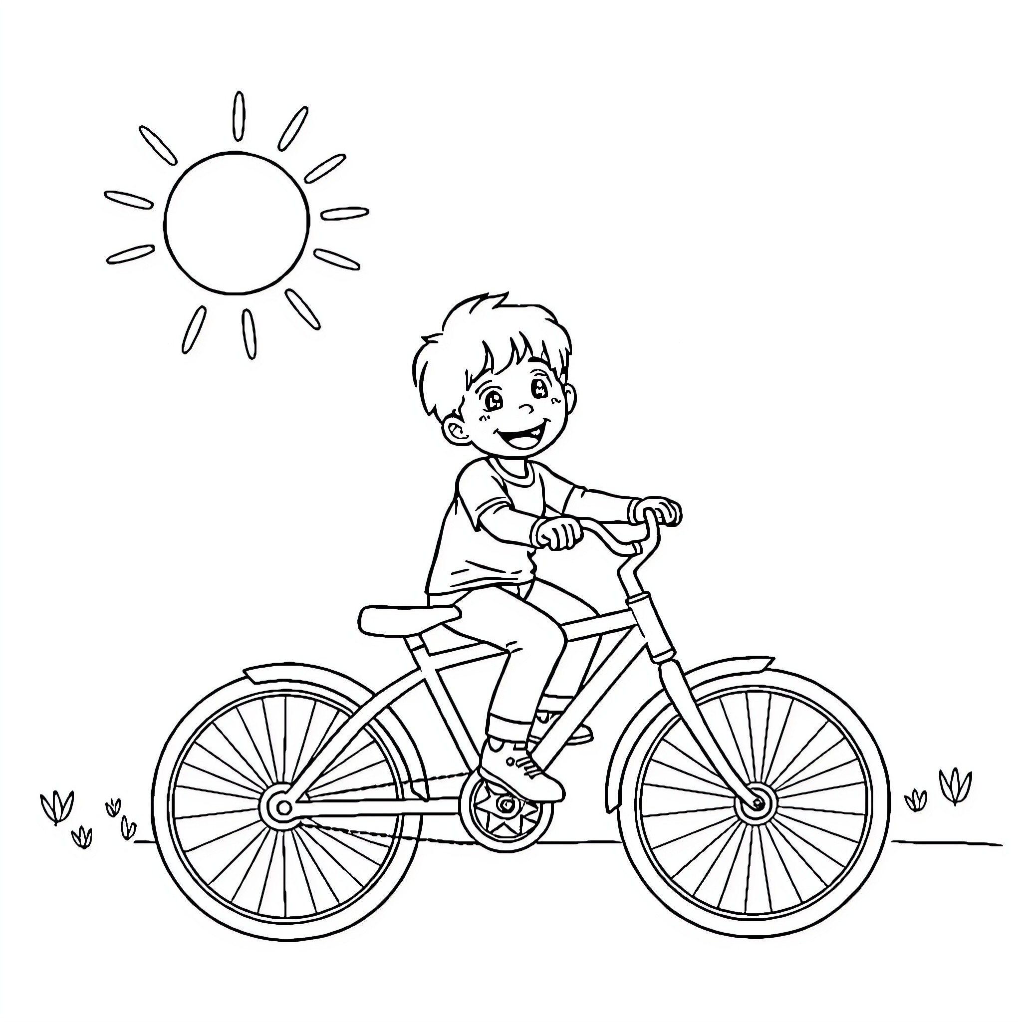 Child enjoying a bicycle ride on a sunny day Coloring Page (free black-and-white line drawing printable PDF for all, from beginners to advanced learners, including children, teens, adults, and seniors)