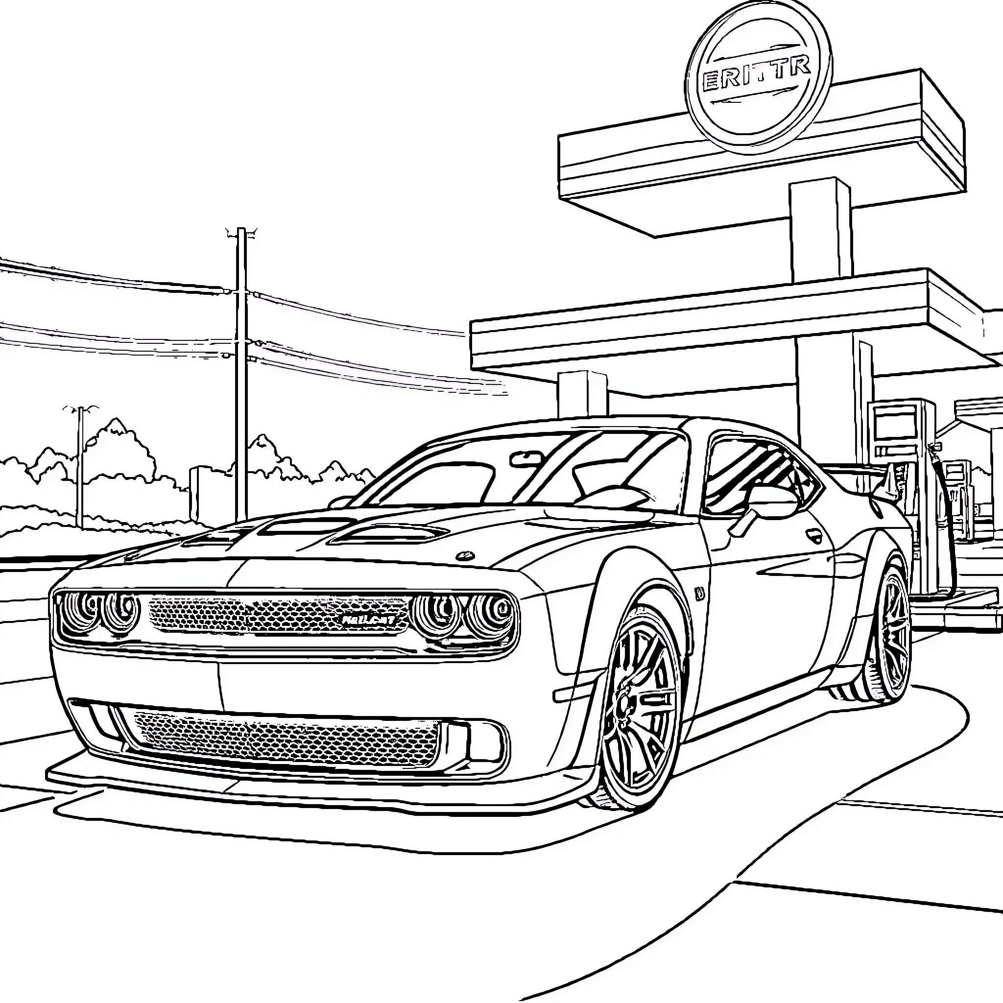 Hell Cat on the Race Track Coloring Page (free black-and-white line drawing printable PDF for all, from beginners to advanced learners, including children, teens, adults, and seniors)