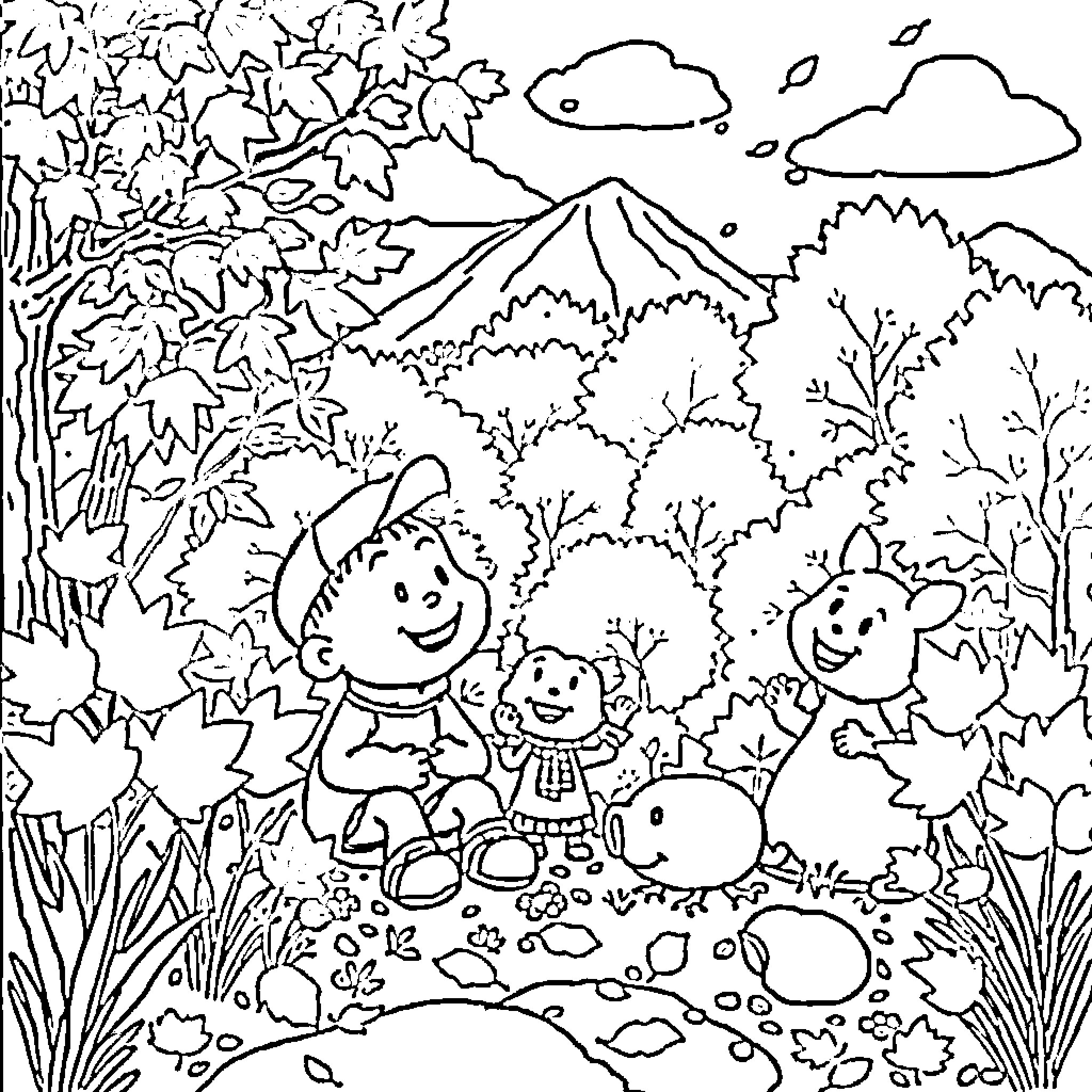 Cartoon characters explore scenic forest landscape Coloring Page (free black-and-white line drawing printable PDF for all, from beginners to advanced learners, including children, teens, adults, and seniors)