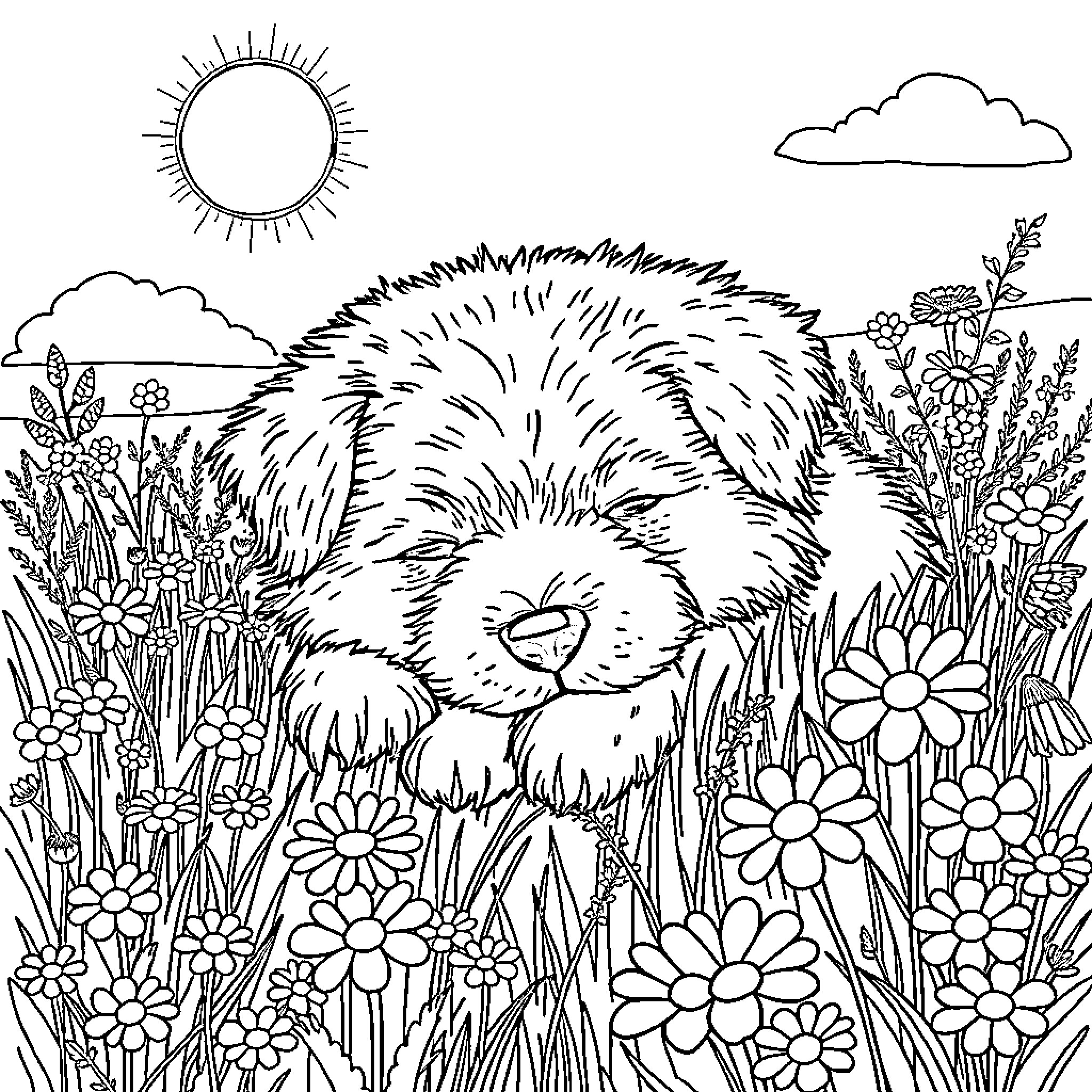 Dog sleeping peacefully in a flower garden Coloring Page (free black-and-white line drawing printable PDF for all, from beginners to advanced learners, including children, teens, adults, and seniors)