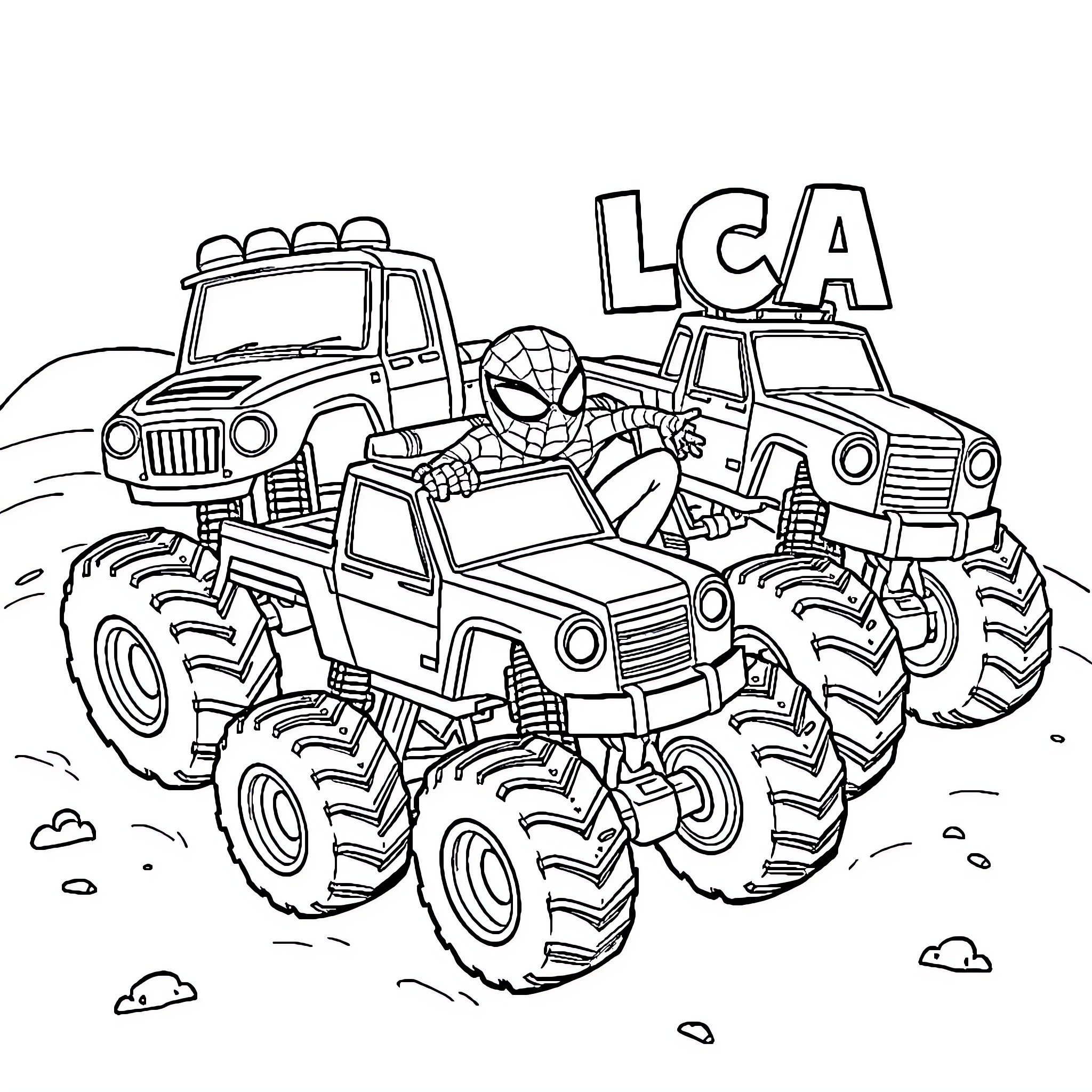 Spiderman rides a monster truck in the countryside Coloring Page (free black-and-white line drawing printable PDF for all, from beginners to advanced learners, including children, teens, adults, and seniors)
