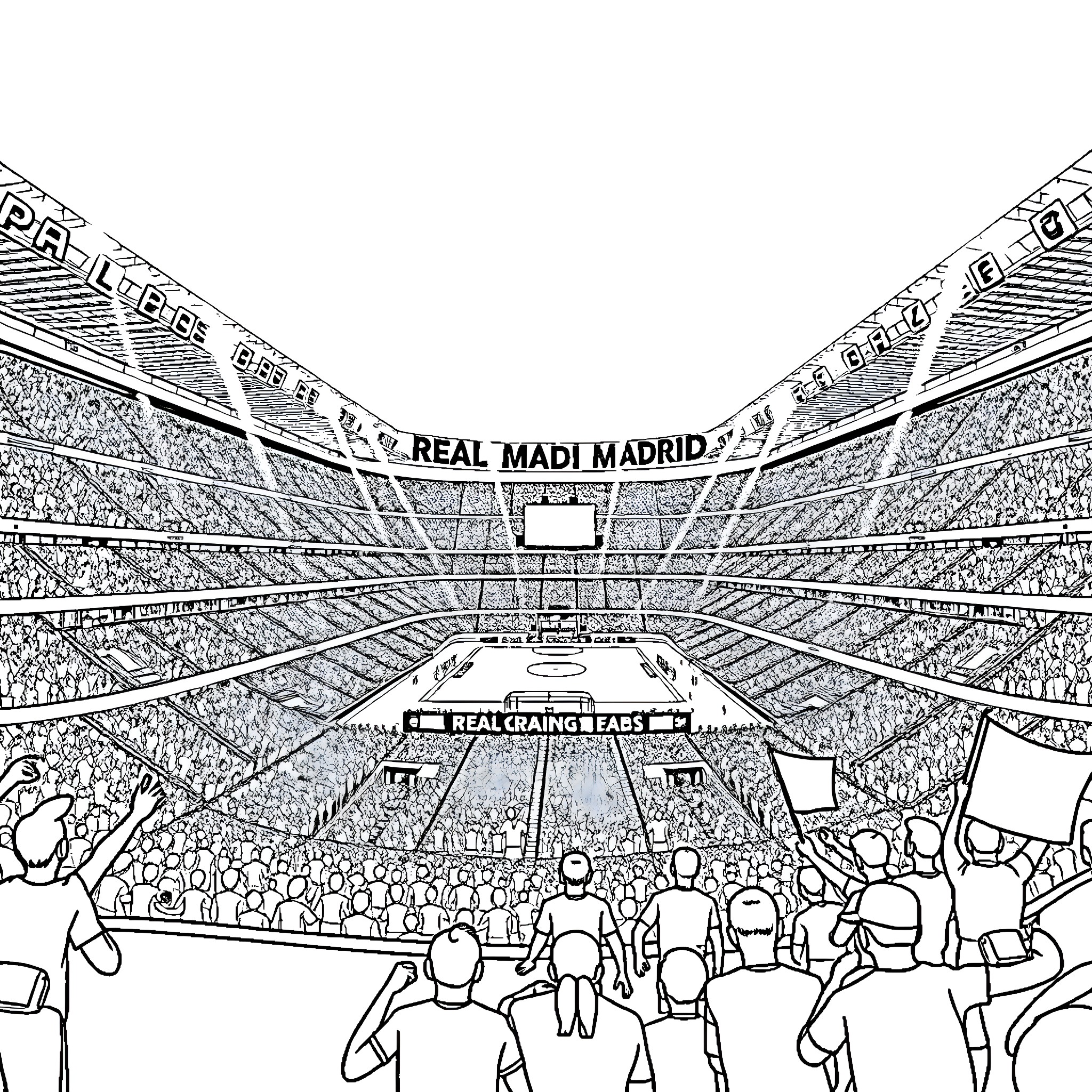 Madrid's Soccer Stadium Filled with Enthusiastic Fans Coloring Page (free black-and-white line drawing printable PDF for all, from beginners to advanced learners, including children, teens, adults, and seniors)