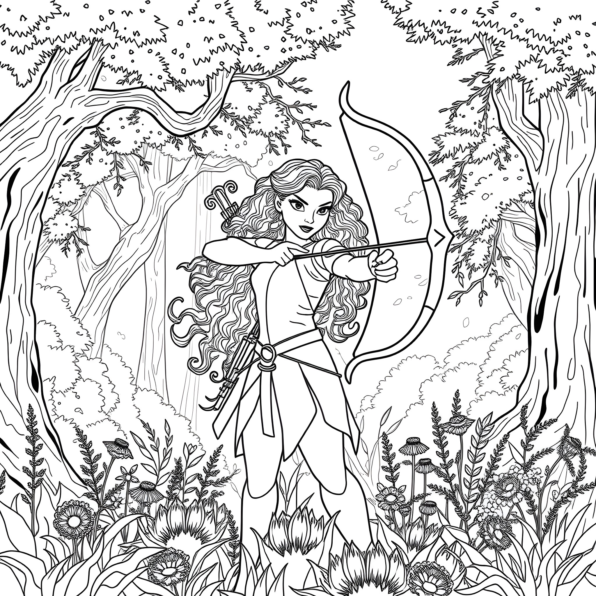 Merida adventuring in the enchanted forest Coloring Page (free black-and-white line drawing printable PDF for all, from beginners to advanced learners, including children, teens, adults, and seniors)