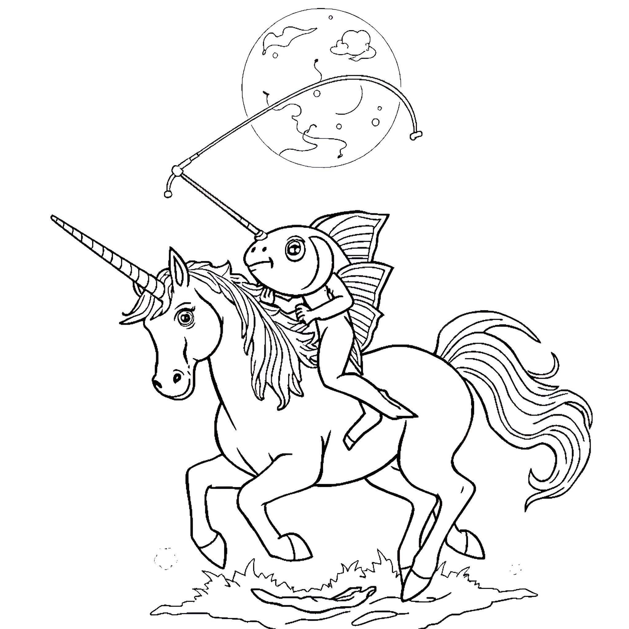 Angler Fish Riding a Unicorn with Crescent Moon Coloring Page (free black-and-white line drawing printable PDF for all, from beginners to advanced learners, including children, teens, adults, and seniors)
