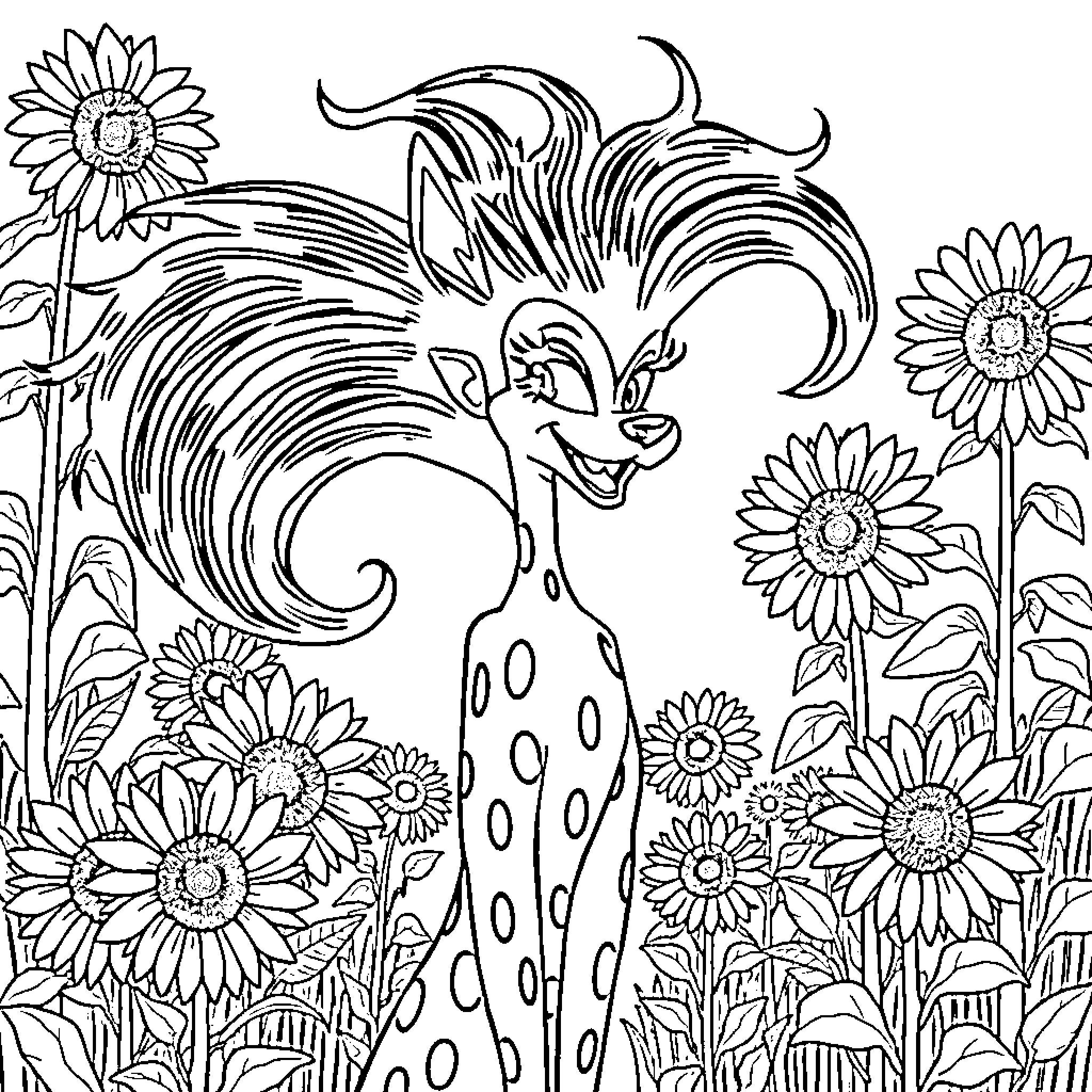 Cruella's Enchanting Floral Frolic Coloring Page (free black-and-white line drawing printable PDF for all, from beginners to advanced learners, including children, teens, adults, and seniors)