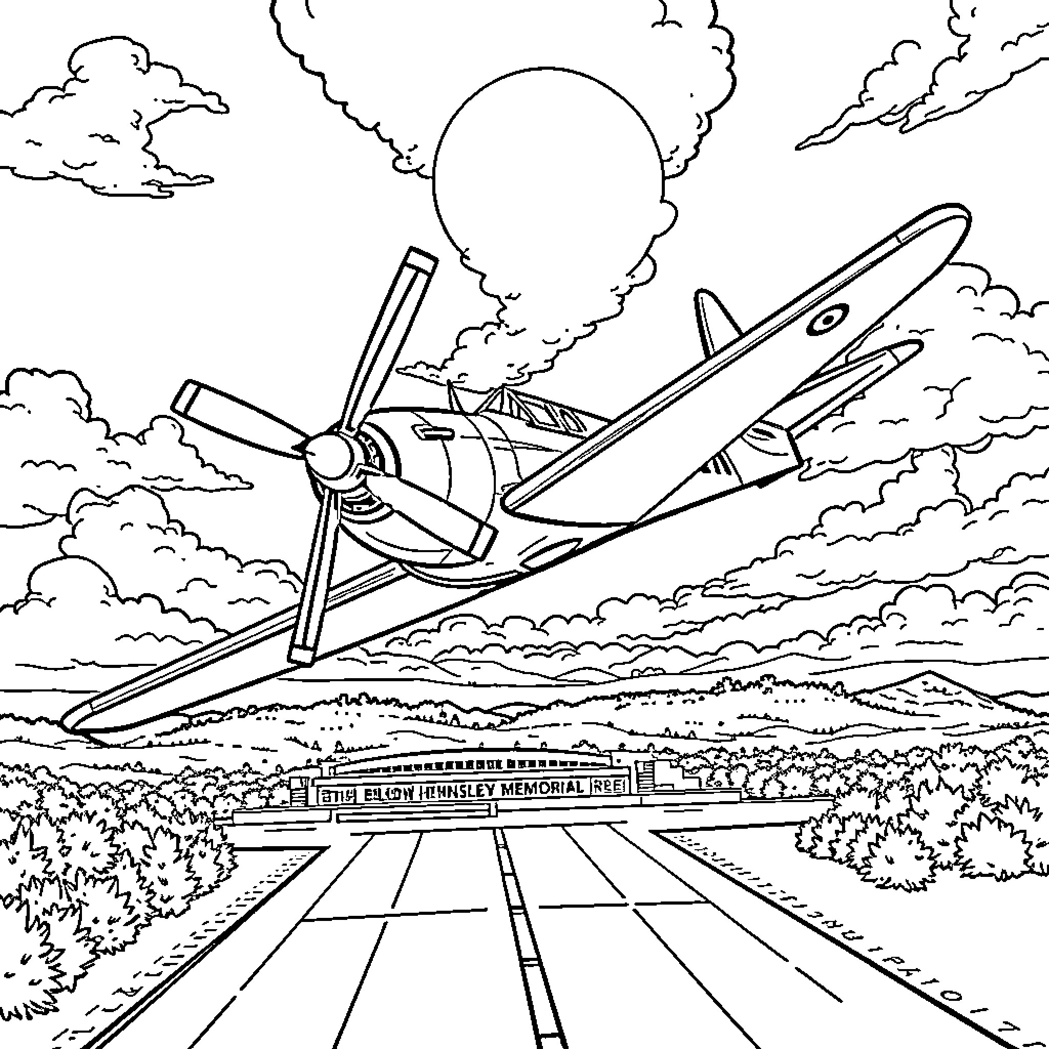 Propeller Airplane Soaring Across the Sky Coloring Page (free black-and-white line drawing printable PDF for all, from beginners to advanced learners, including children, teens, adults, and seniors)