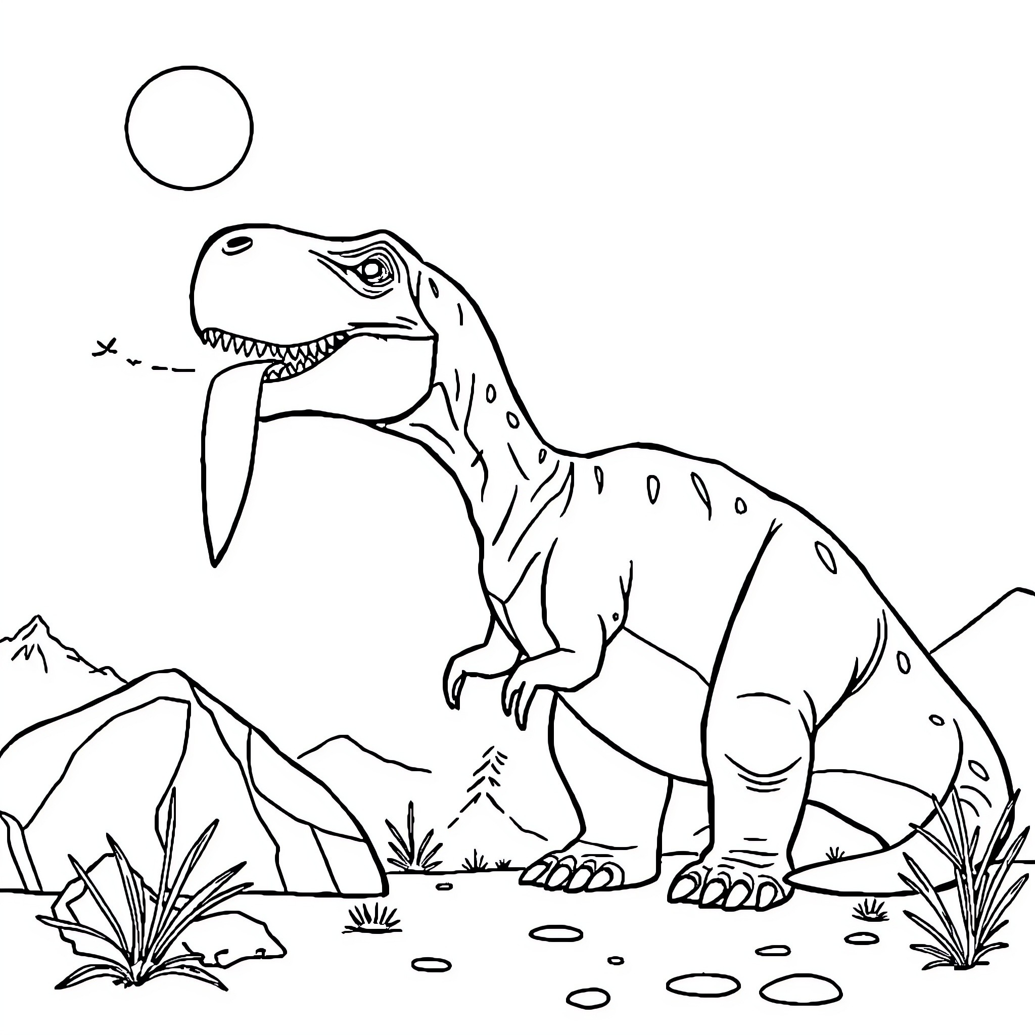 Dinosaur roaring amidst mountainous landscape Coloring Page (free black-and-white line drawing printable PDF for all, from beginners to advanced learners, including children, teens, adults, and seniors)