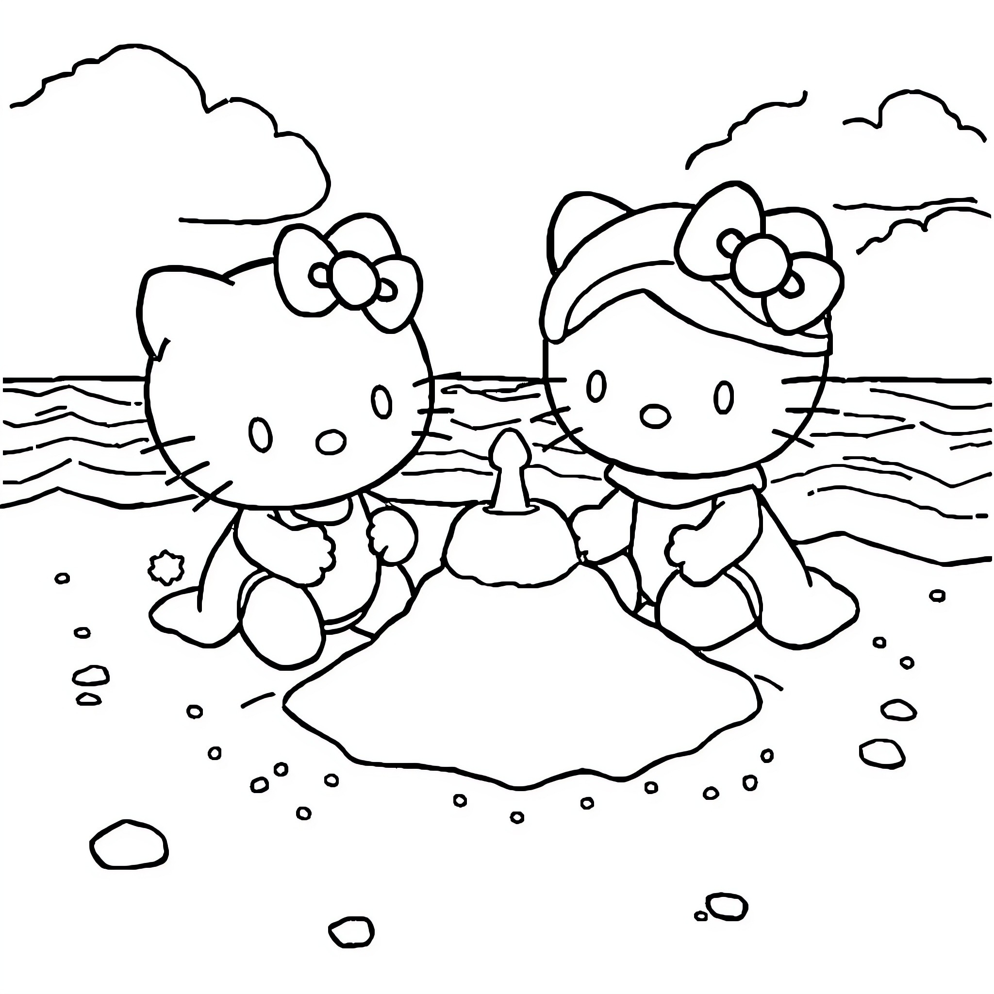 Hello Kitty enjoying a day at the beach Coloring Page (free black-and-white line drawing printable PDF for all, from beginners to advanced learners, including children, teens, adults, and seniors)