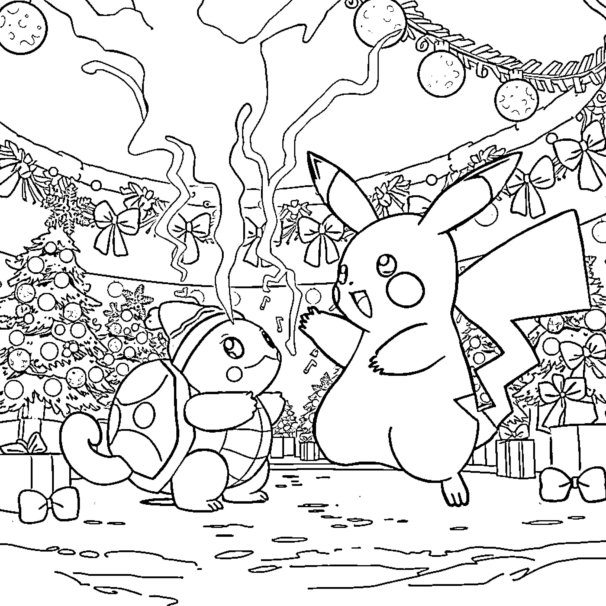 Pikachu and friends enjoying a festive celebration Coloring Page (free black-and-white line drawing printable PDF for all, from beginners to advanced learners, including children, teens, adults, and seniors)