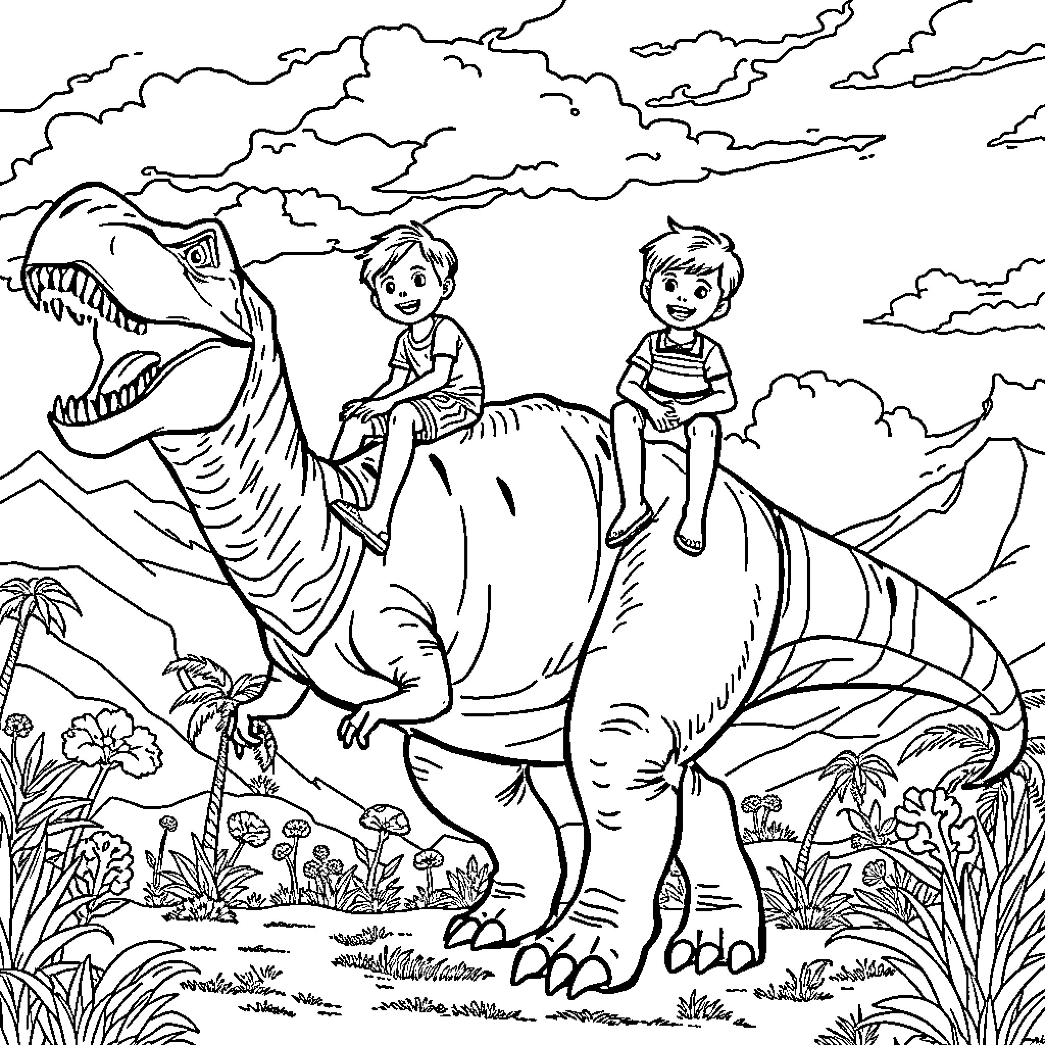 Dinosaur Ride in the Prehistoric Landscape Coloring Page (free black-and-white line drawing printable PDF for all, from beginners to advanced learners, including children, teens, adults, and seniors)