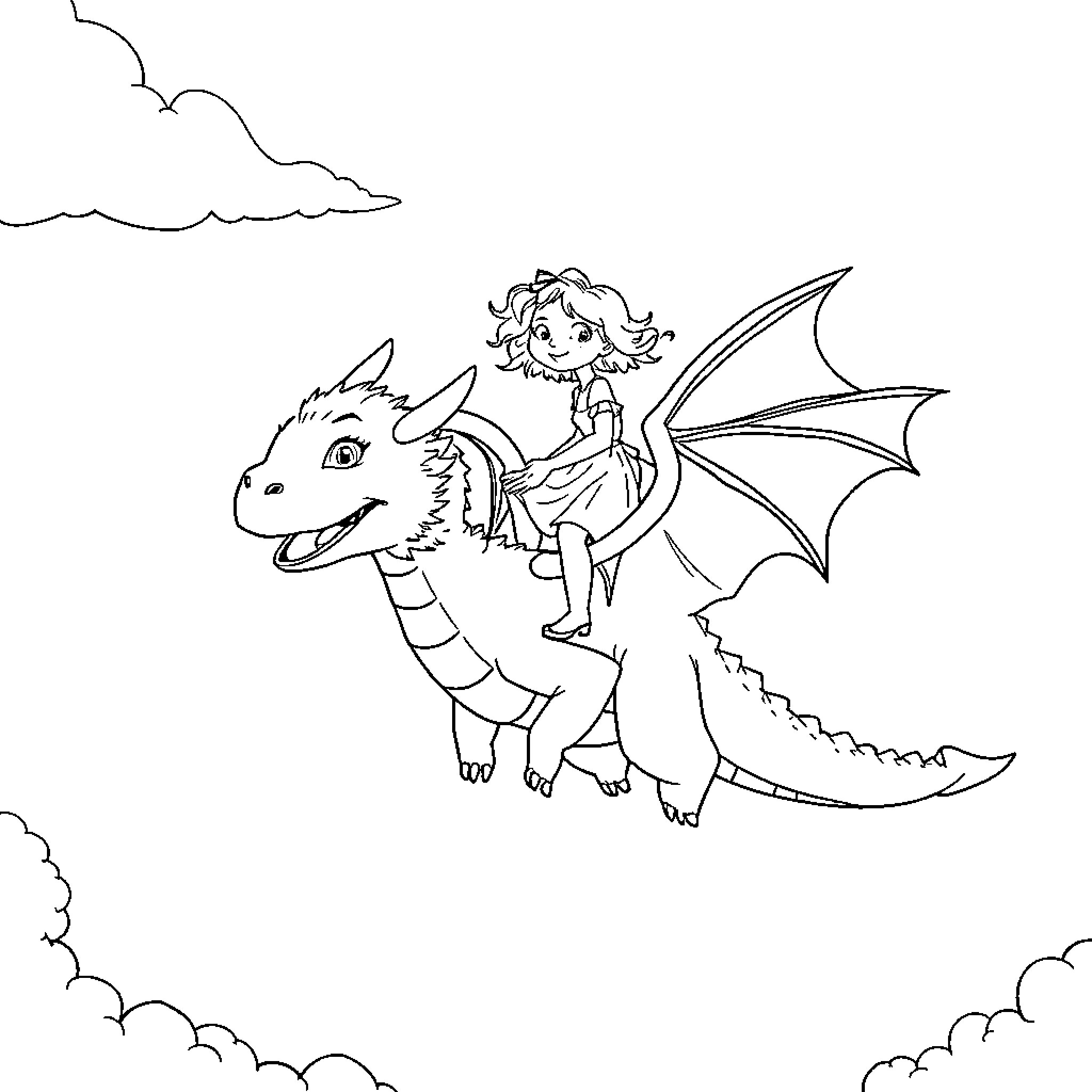 Girl riding a friendly dragon in the sky Coloring Page (free black-and-white line drawing printable PDF for all, from beginners to advanced learners, including children, teens, adults, and seniors)