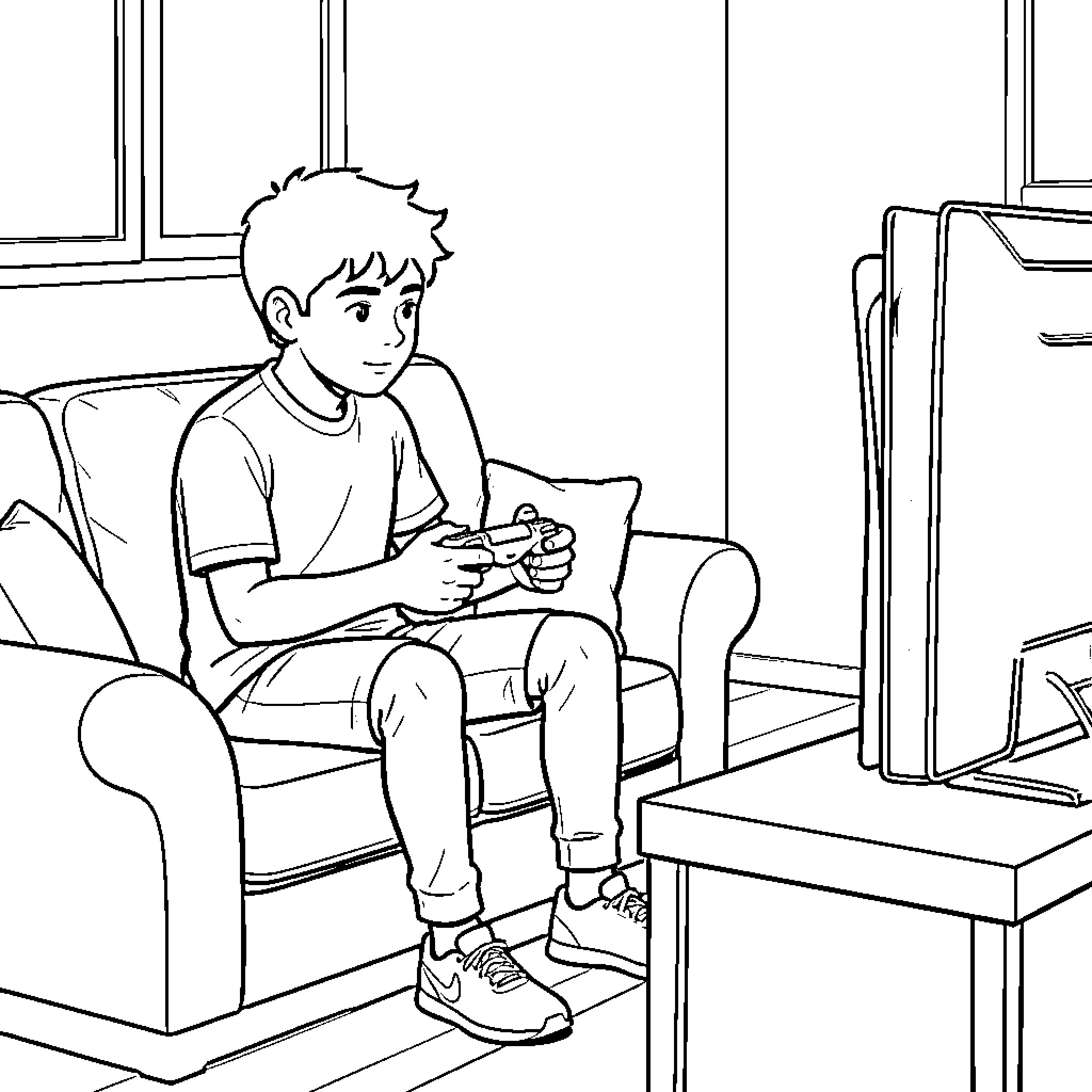 Lamine Yamal sitting on a sofa playing video games Coloring Page (free black-and-white line drawing printable PDF for all, from beginners to advanced learners, including children, teens, adults, and seniors)