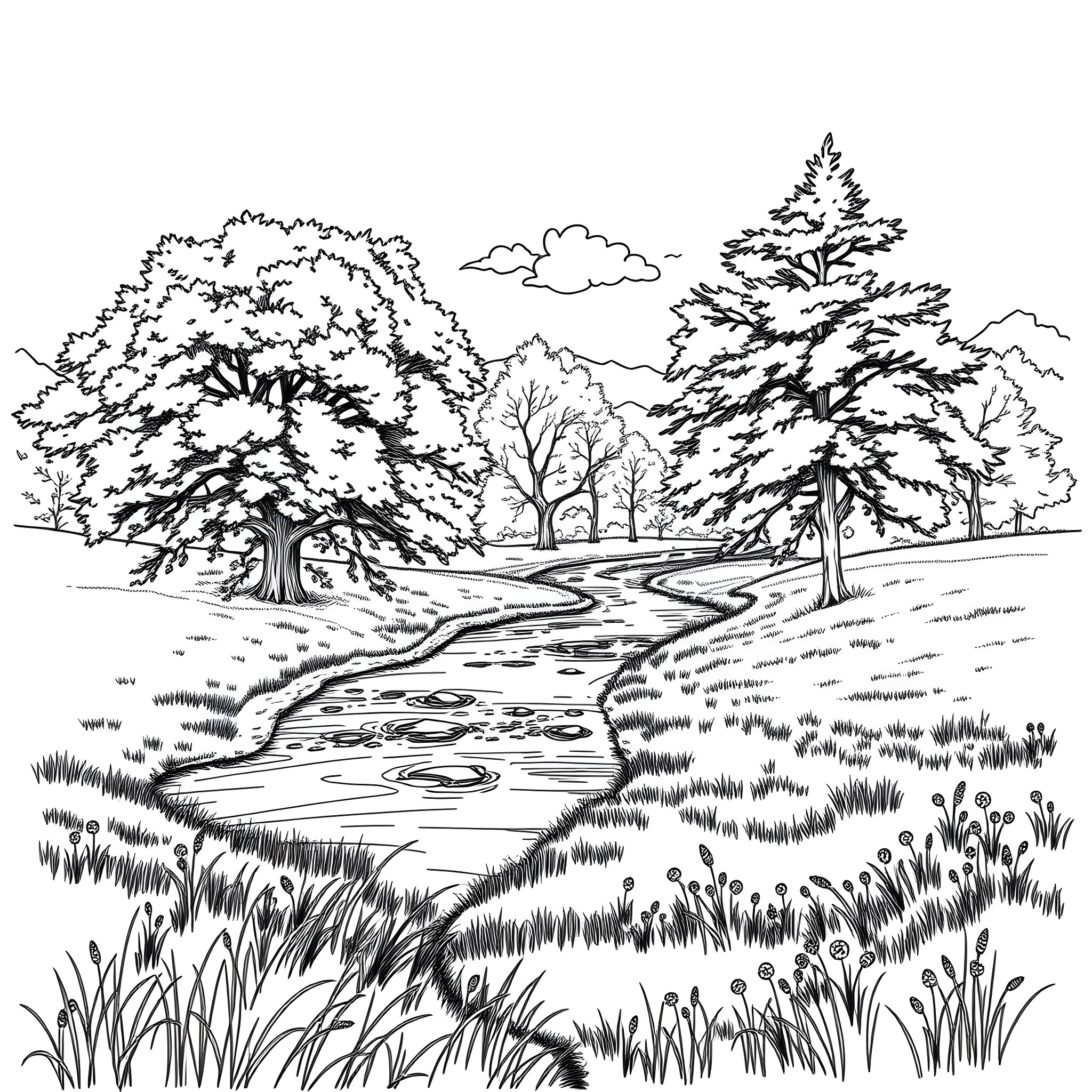 Outdoor Landscape with Winding Path and Trees Coloring Page (free black-and-white line drawing printable PDF for all, from beginners to advanced learners, including children, teens, adults, and seniors)