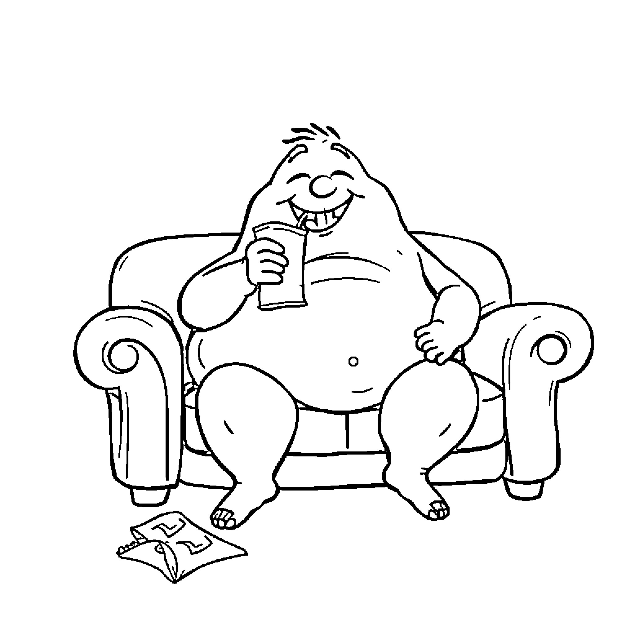 Couch Potato Relaxing with Snack and Book Coloring Page (free black-and-white line drawing printable PDF for all, from beginners to advanced learners, including children, teens, adults, and seniors)