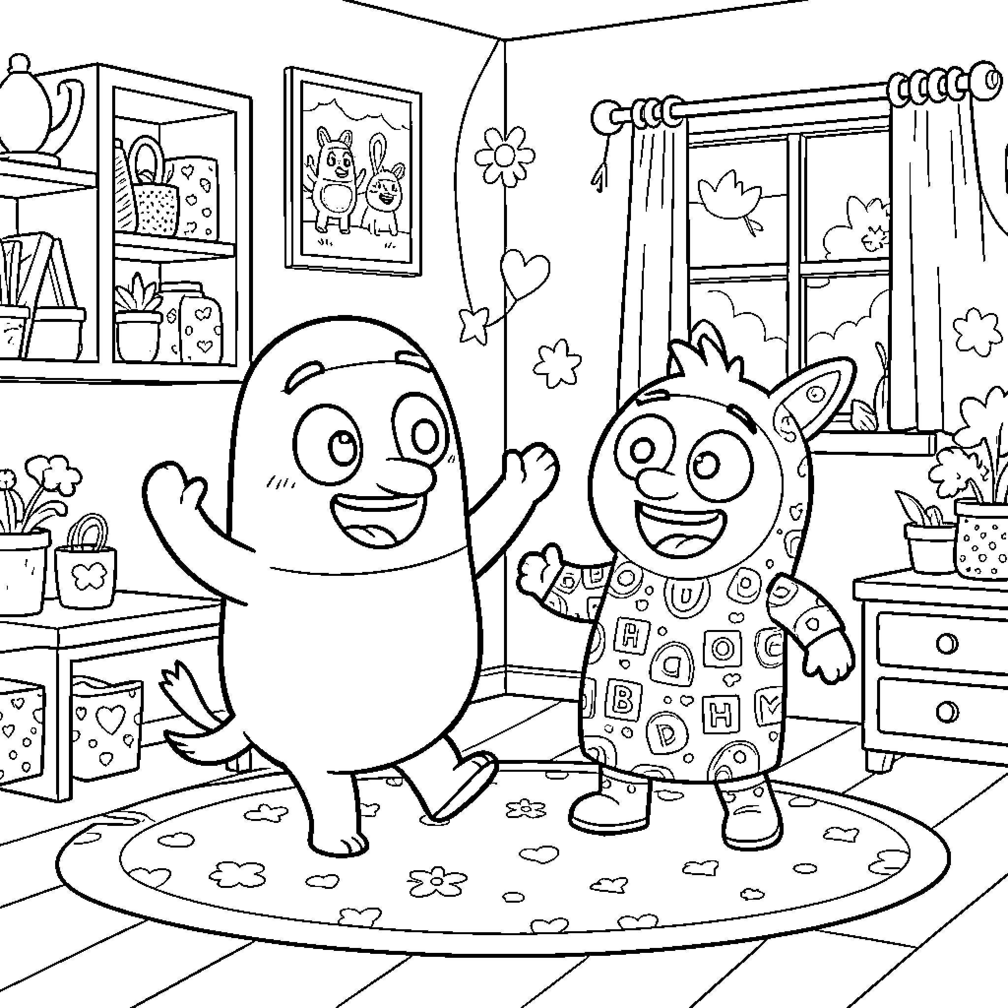 Bingo Cute Monsters Enjoying Cozy Room Coloring Page (free black-and-white line drawing printable PDF for all, from beginners to advanced learners, including children, teens, adults, and seniors)