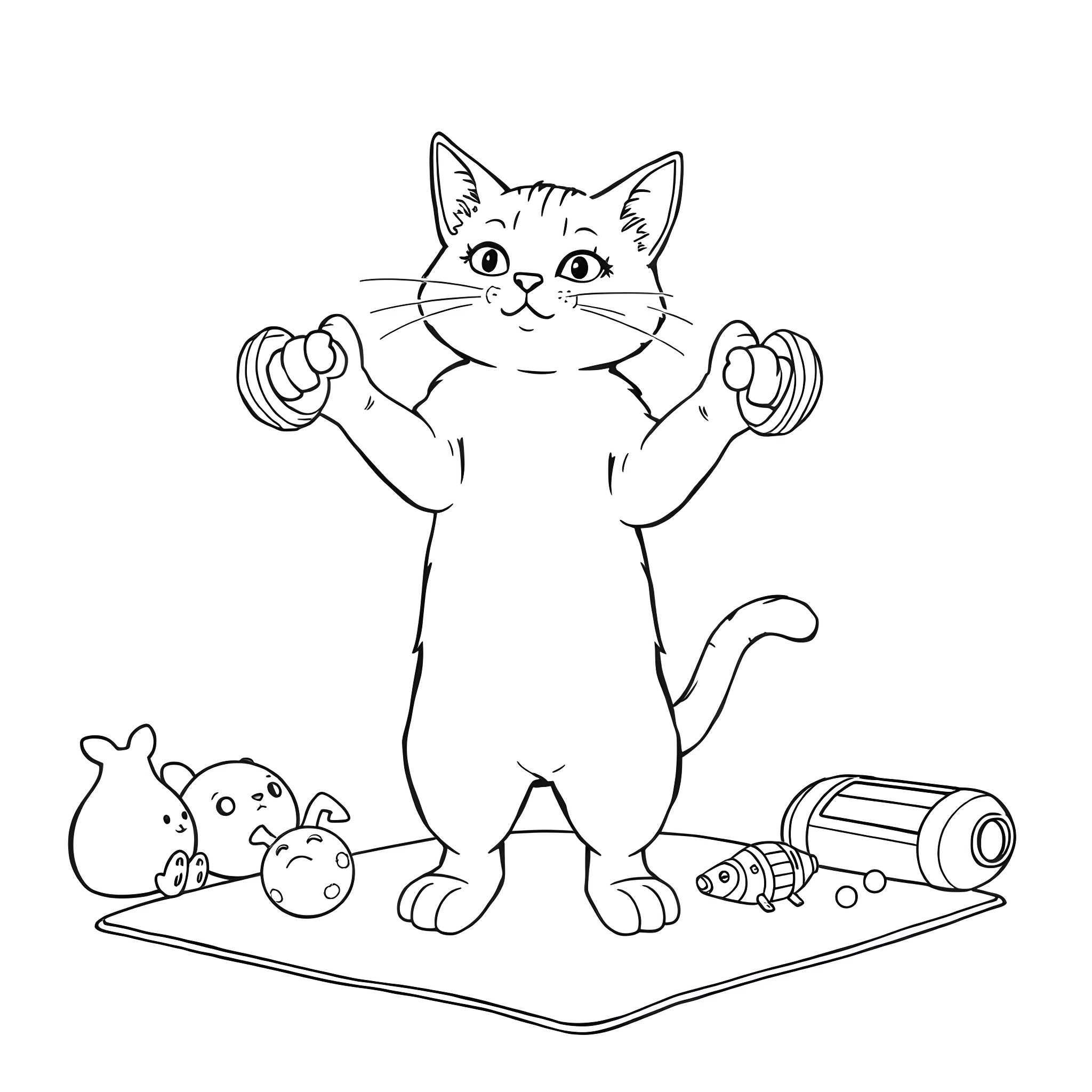 Cat flexing muscles with toys Coloring Page (free black-and-white line drawing printable PDF for all, from beginners to advanced learners, including children, teens, adults, and seniors)