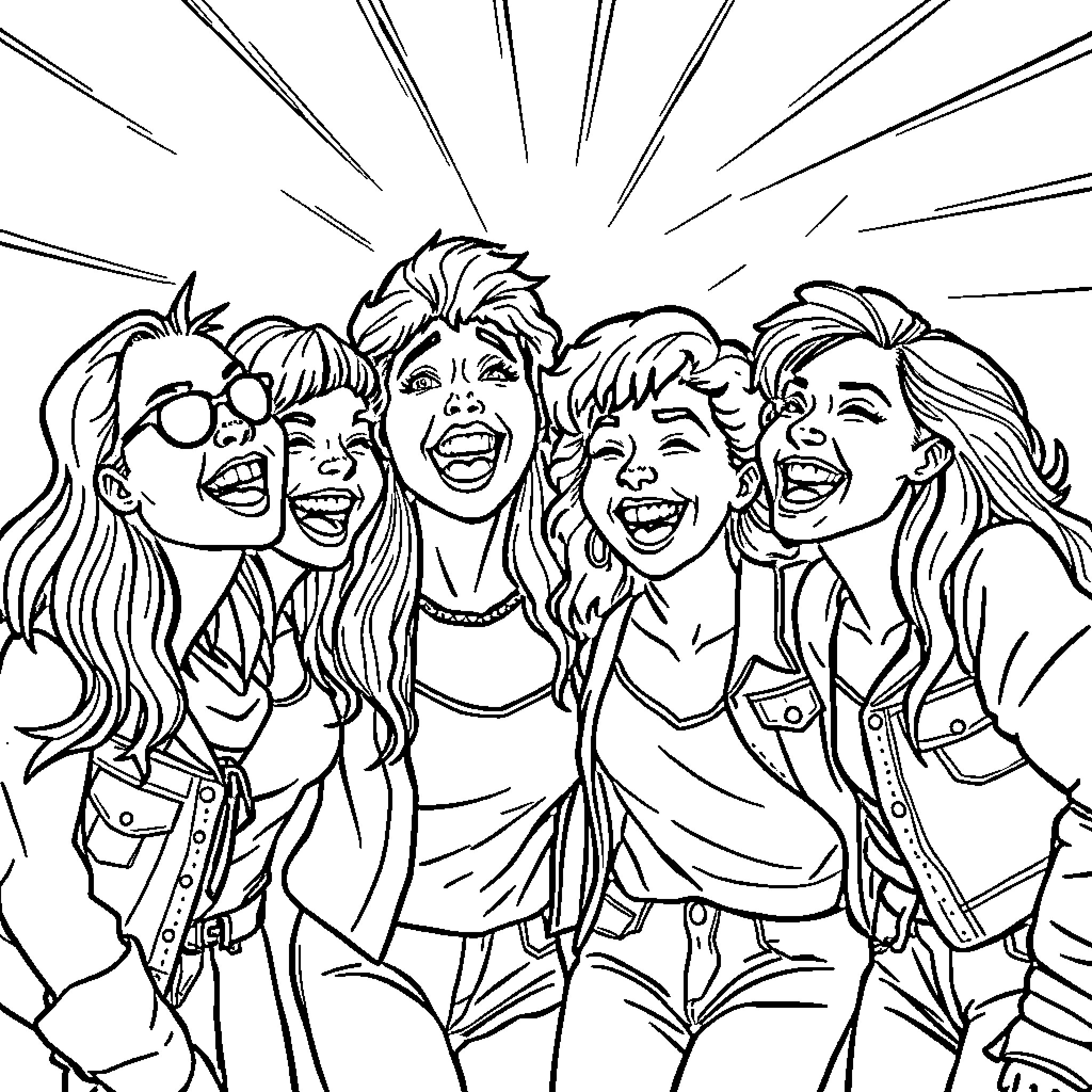 Squad of laughing friends enjoying themselves Coloring Page (free black-and-white line drawing printable PDF for all, from beginners to advanced learners, including children, teens, adults, and seniors)