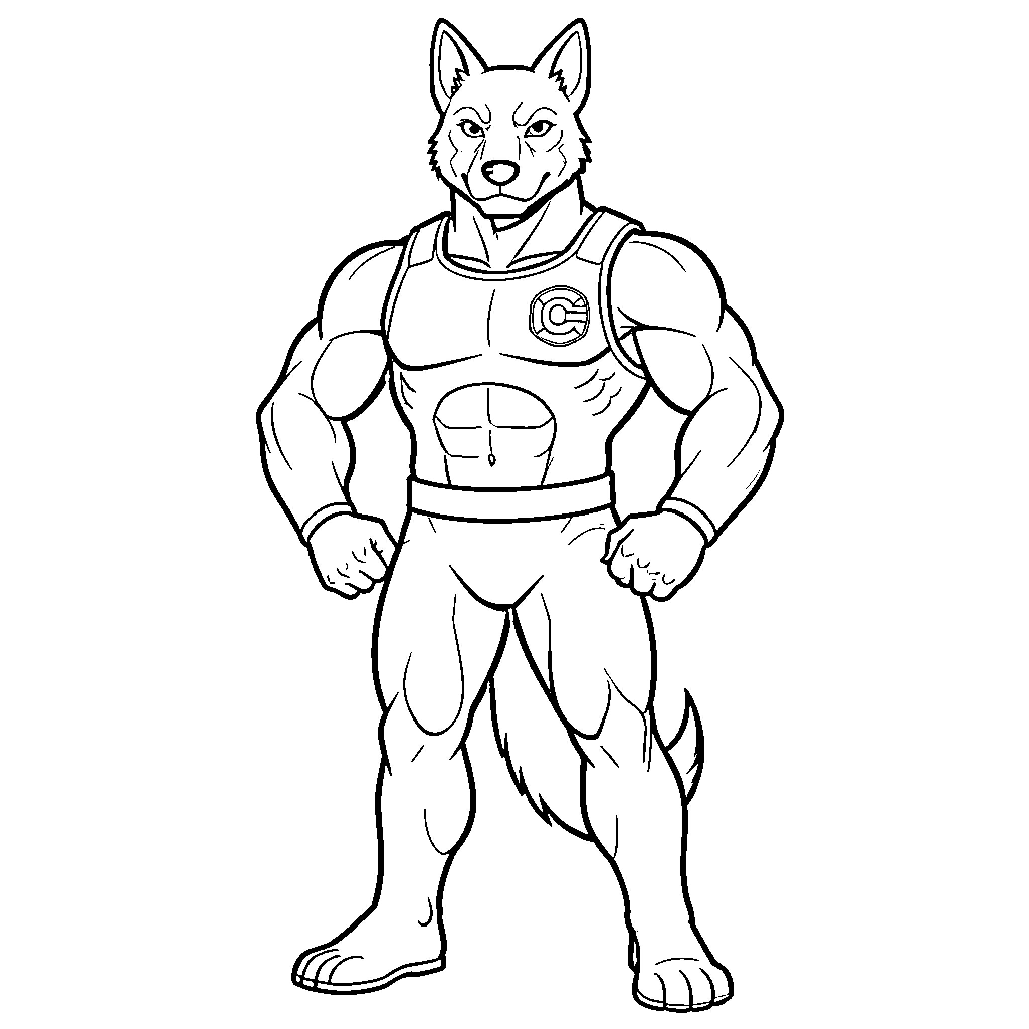 Dogman standing in a confident athletic pose Coloring Page (free black-and-white line drawing printable PDF for all, from beginners to advanced learners, including children, teens, adults, and seniors)