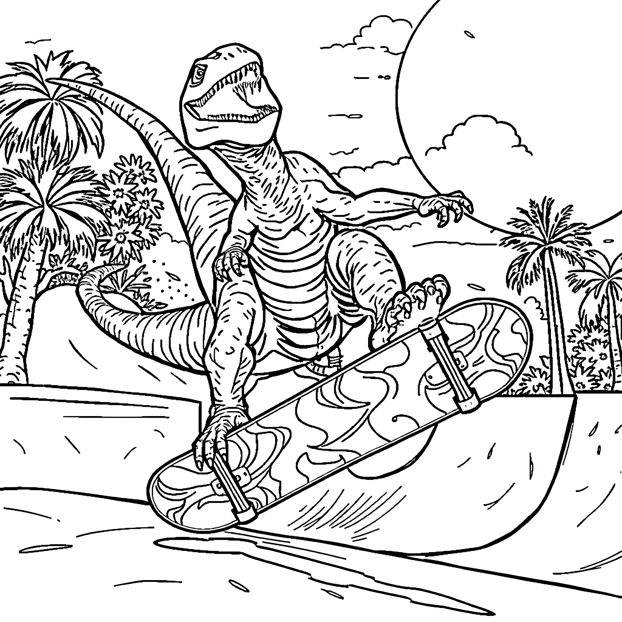Velociraptor surfing waves in tropical paradise Coloring Page (free black-and-white line drawing printable PDF for all, from beginners to advanced learners, including children, teens, adults, and seniors)