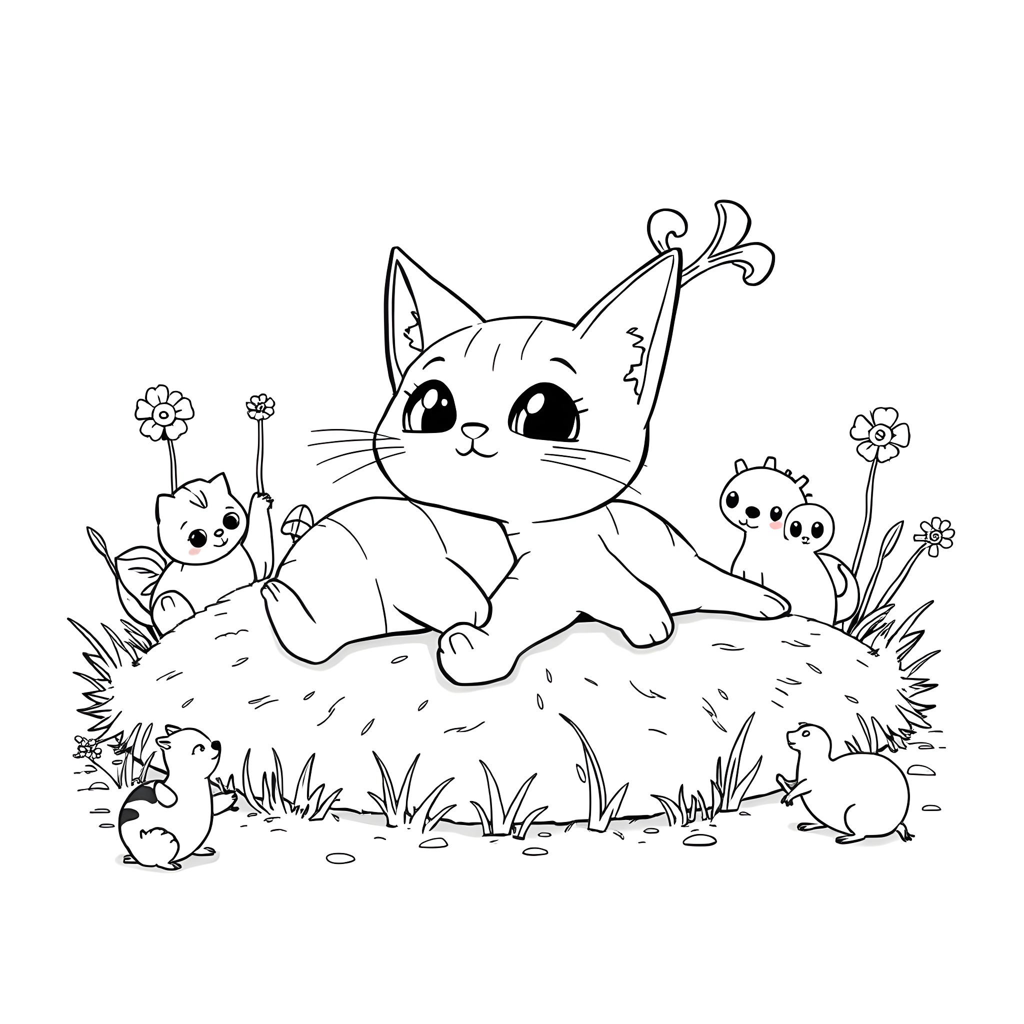 Cat and cute companions in the wild Coloring Page (free black-and-white line drawing printable PDF for all, from beginners to advanced learners, including children, teens, adults, and seniors)