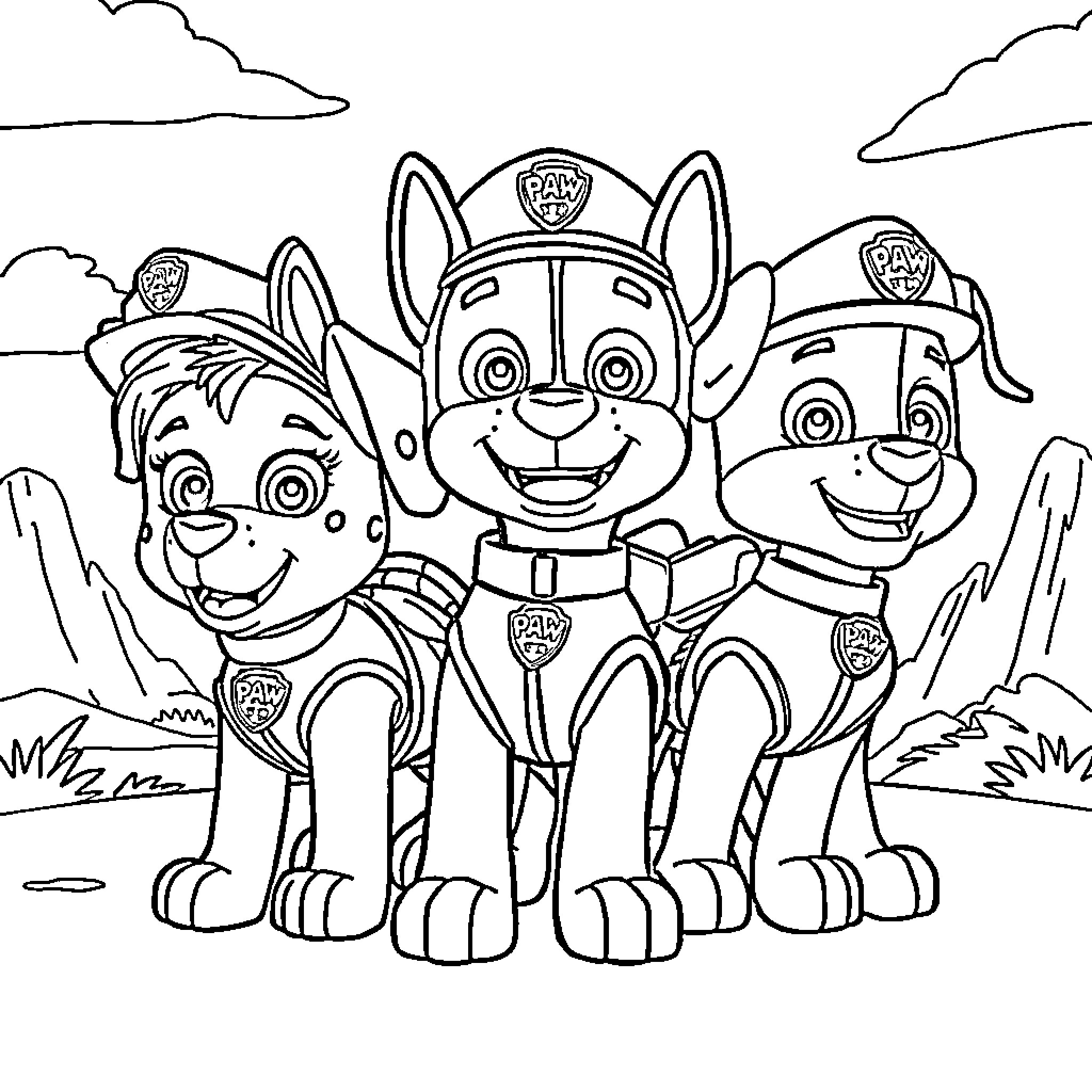 Paw Patrol Team in Action Coloring Page (free black-and-white line drawing printable PDF for all, from beginners to advanced learners, including children, teens, adults, and seniors)