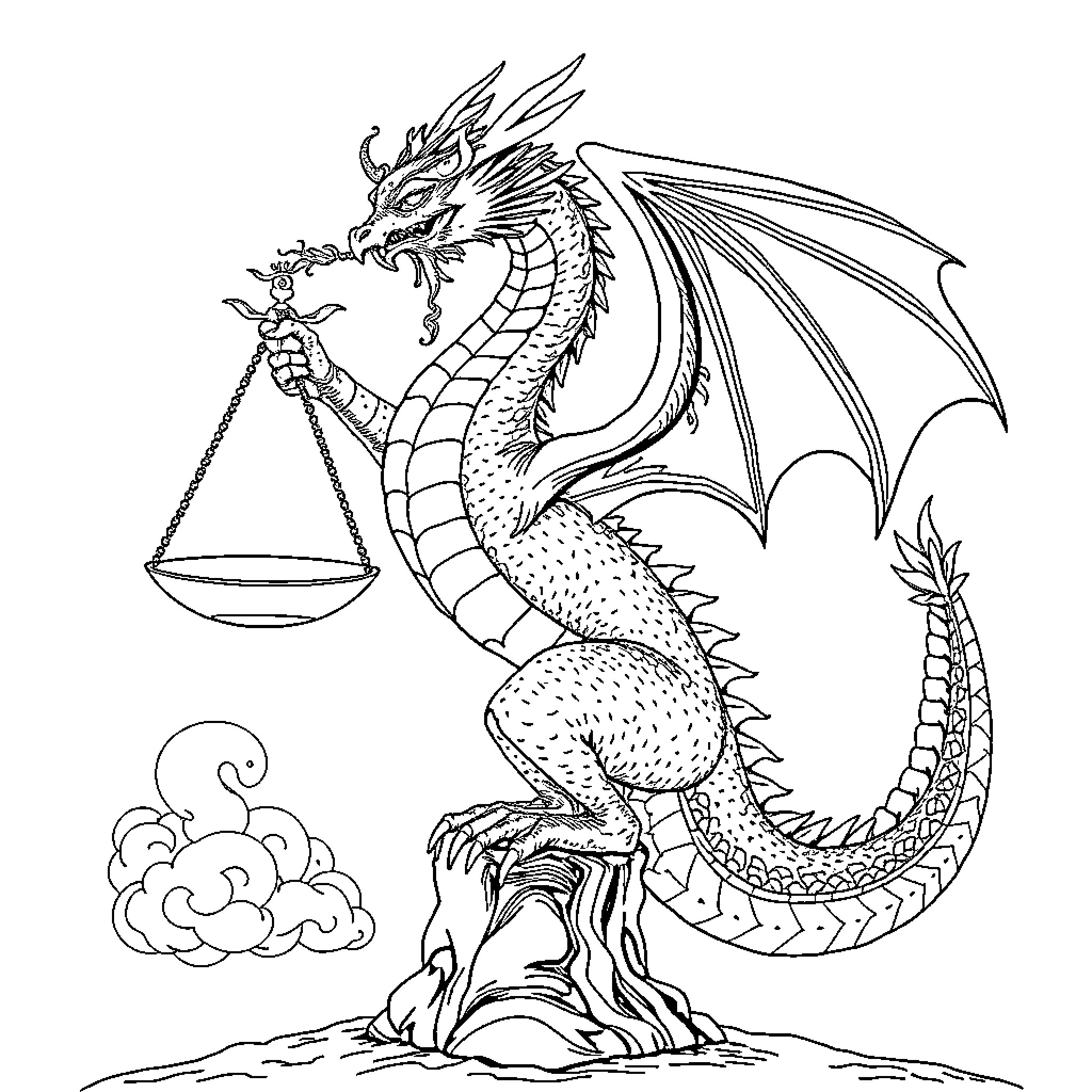 Libra the Dragon Holding the Scales Coloring Page (free black-and-white line drawing printable PDF for all, from beginners to advanced learners, including children, teens, adults, and seniors)